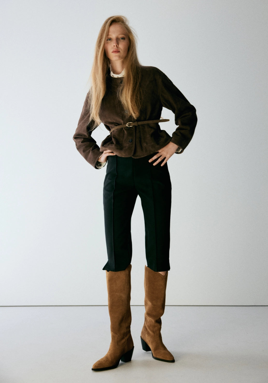 Suede Block Heel Boots - Brown