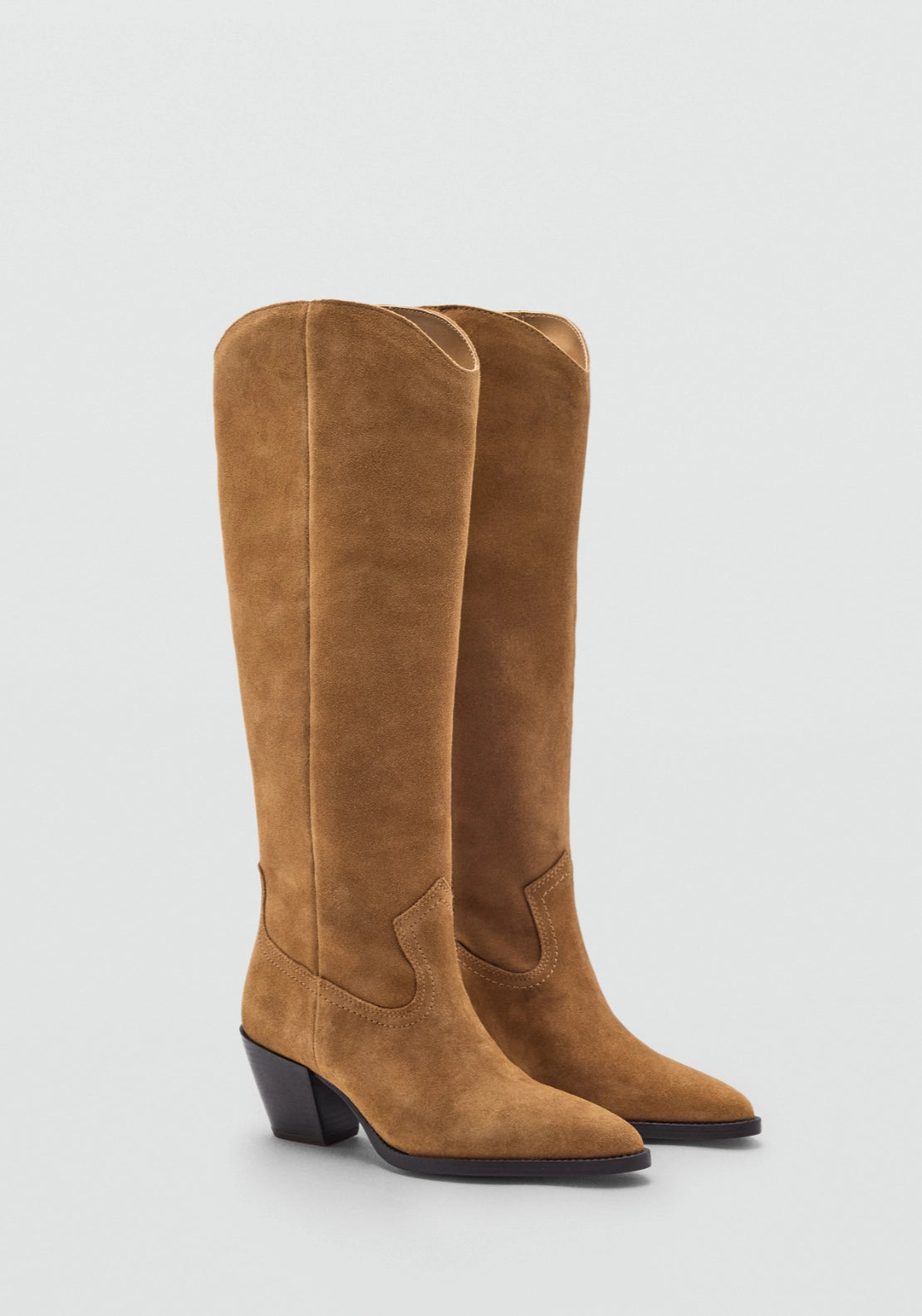 Suede Block Heel Boots - Brown