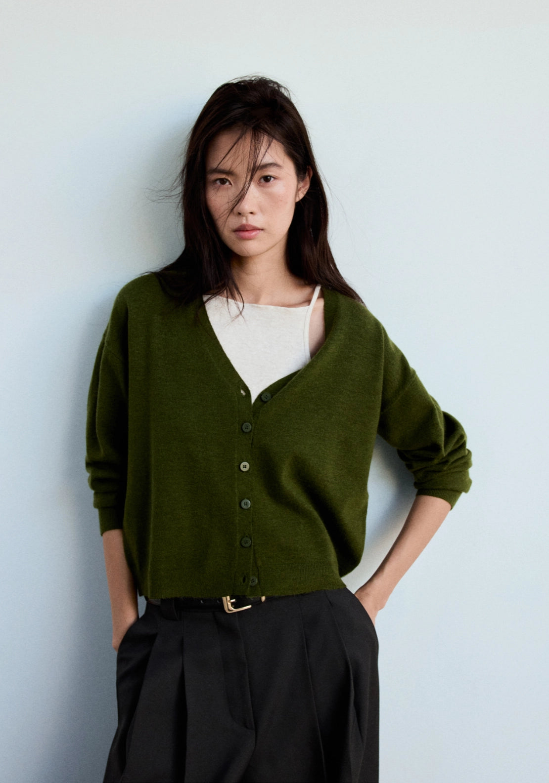 Button Front V-Neck Cardigan - Green