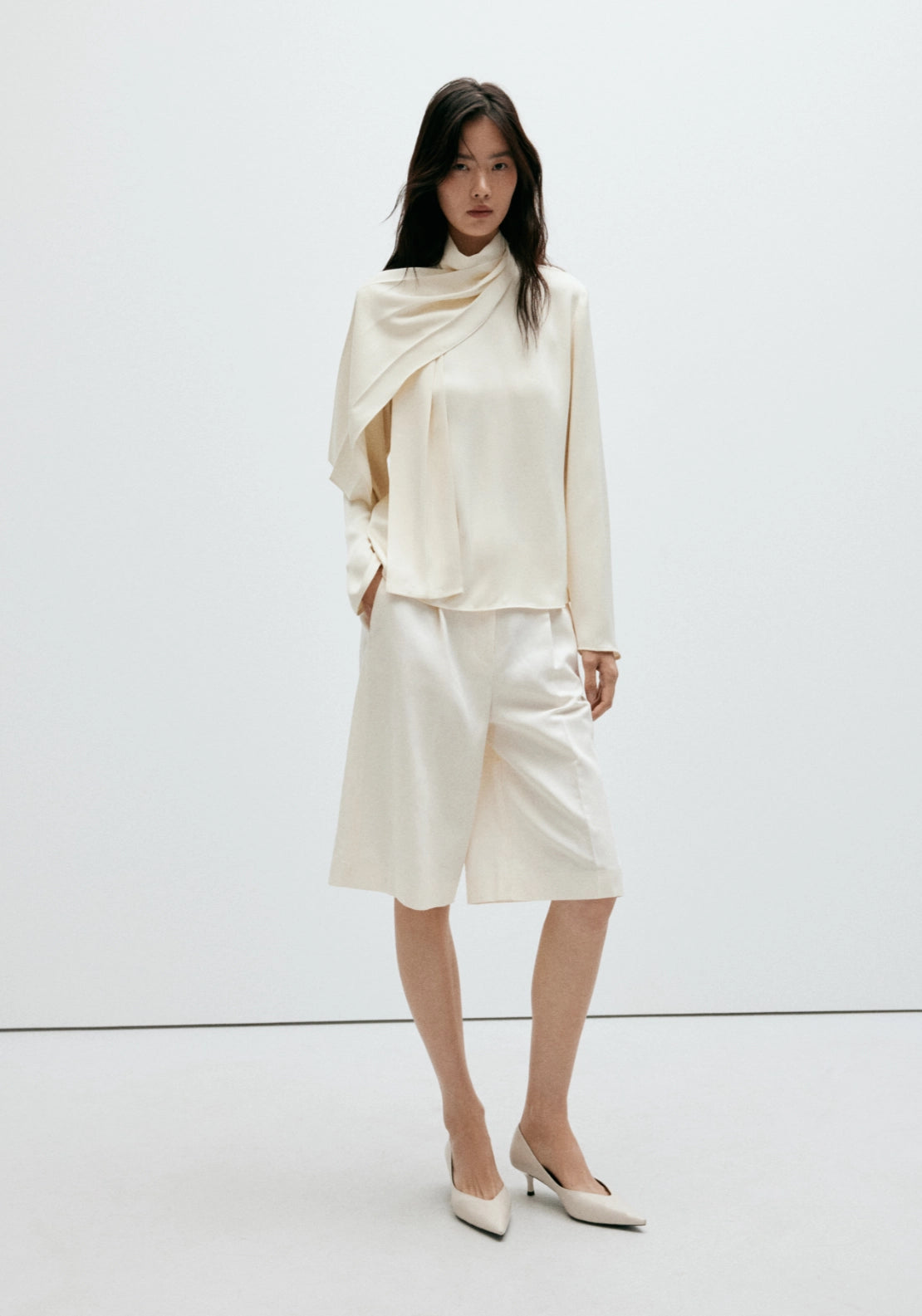 High Neck Blouse With Scarf Detail - Cream