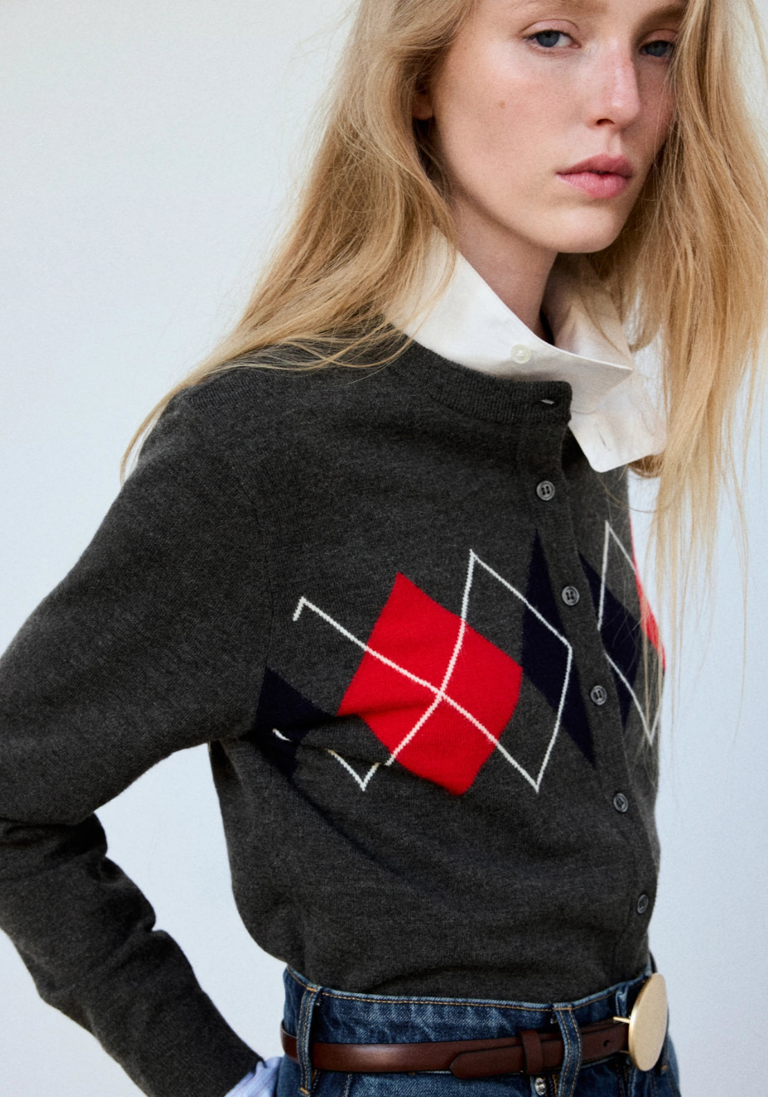 Rhombus Cardigan With Buttons - Grey