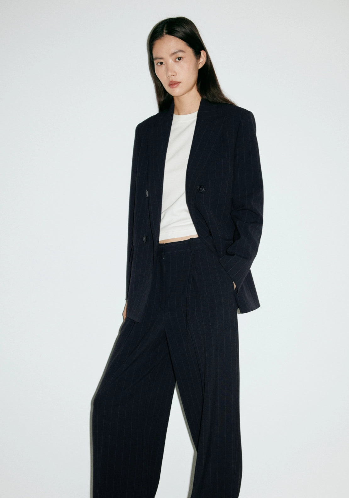 Pinstripe Pleated Trousers - Blue