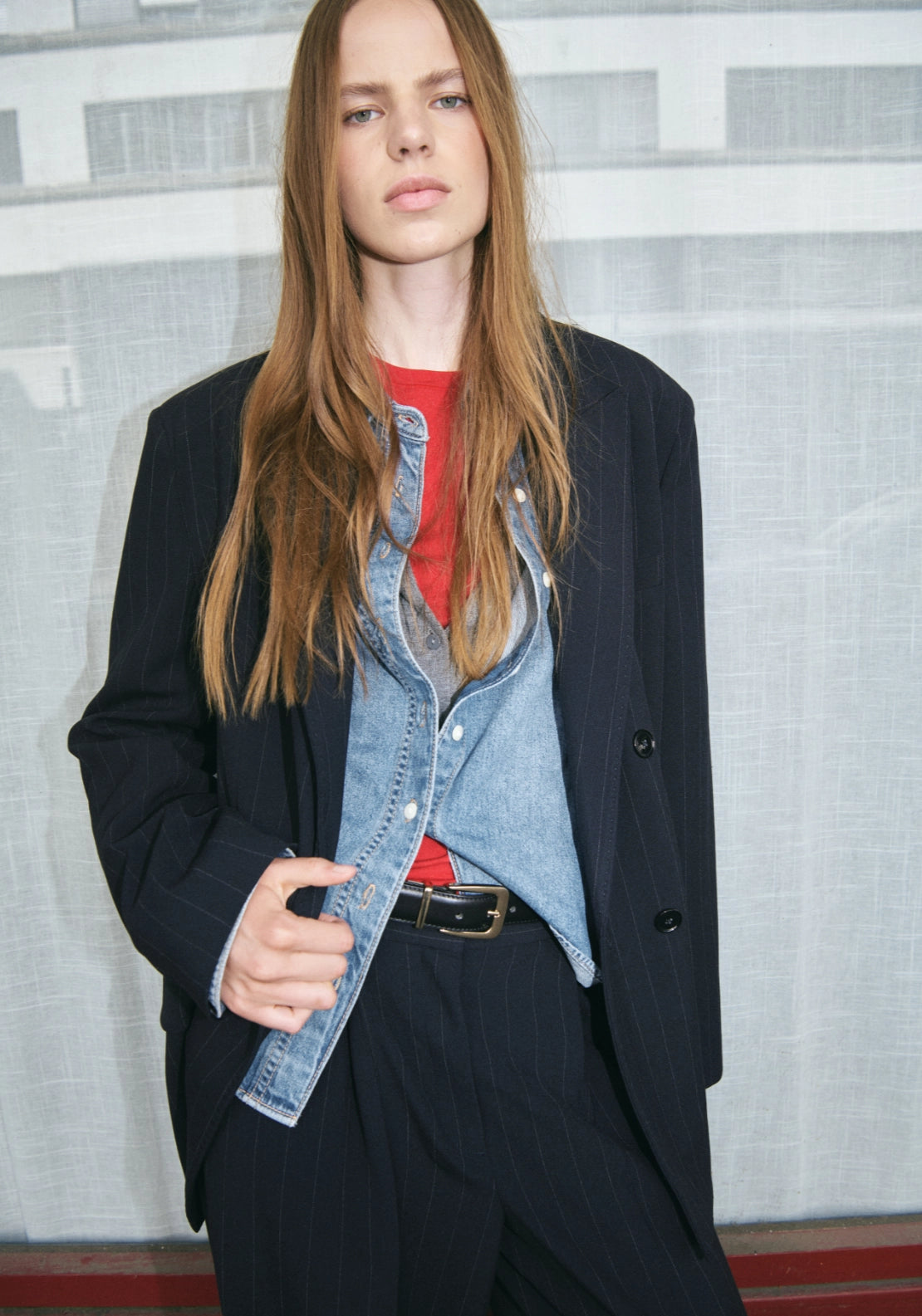 Pinstripe Pleated Trousers - Blue