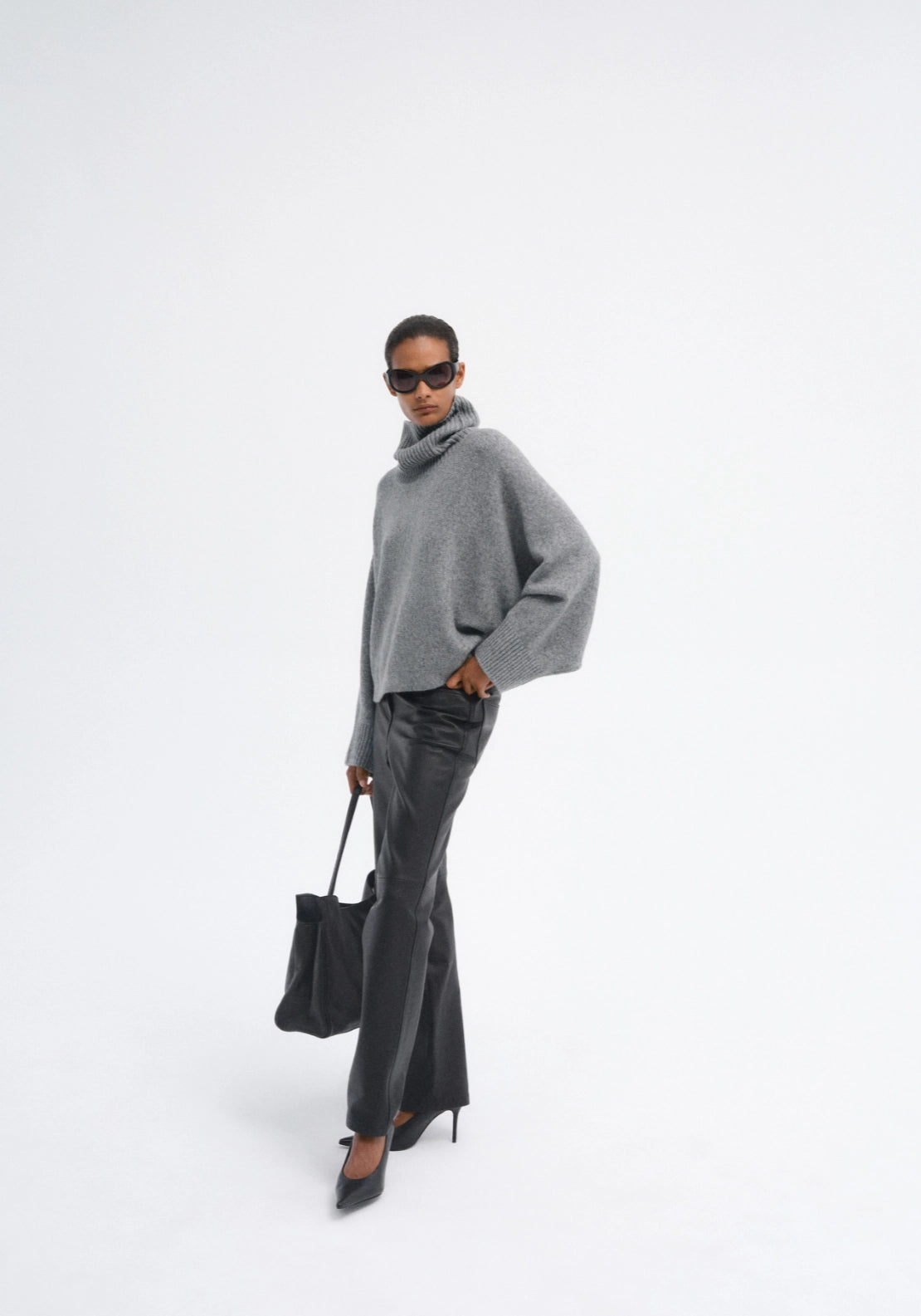 Plain Knit Cape Roll-Neck Collar - Grey