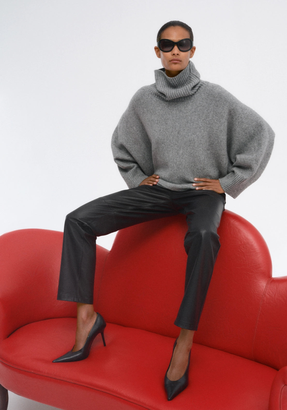 Plain Knit Cape Roll-Neck Collar - Grey