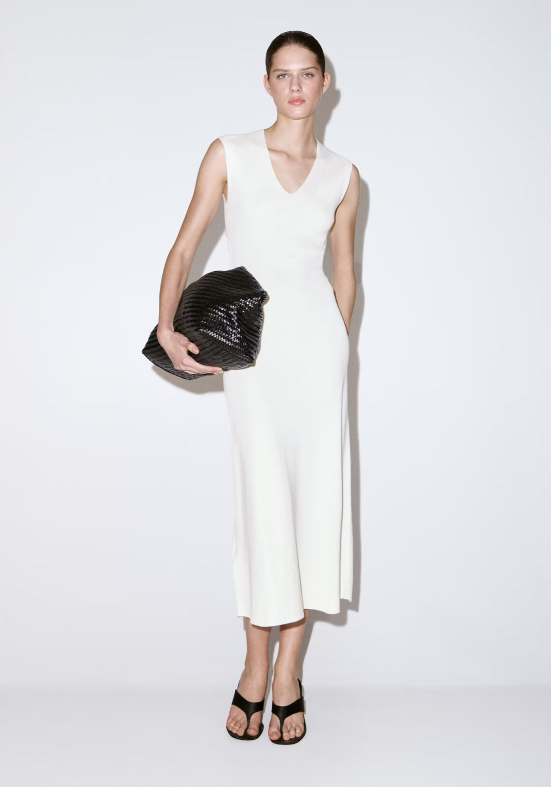 Mango V-Neck Knitted Dress - White 1 Shaws Department Stores