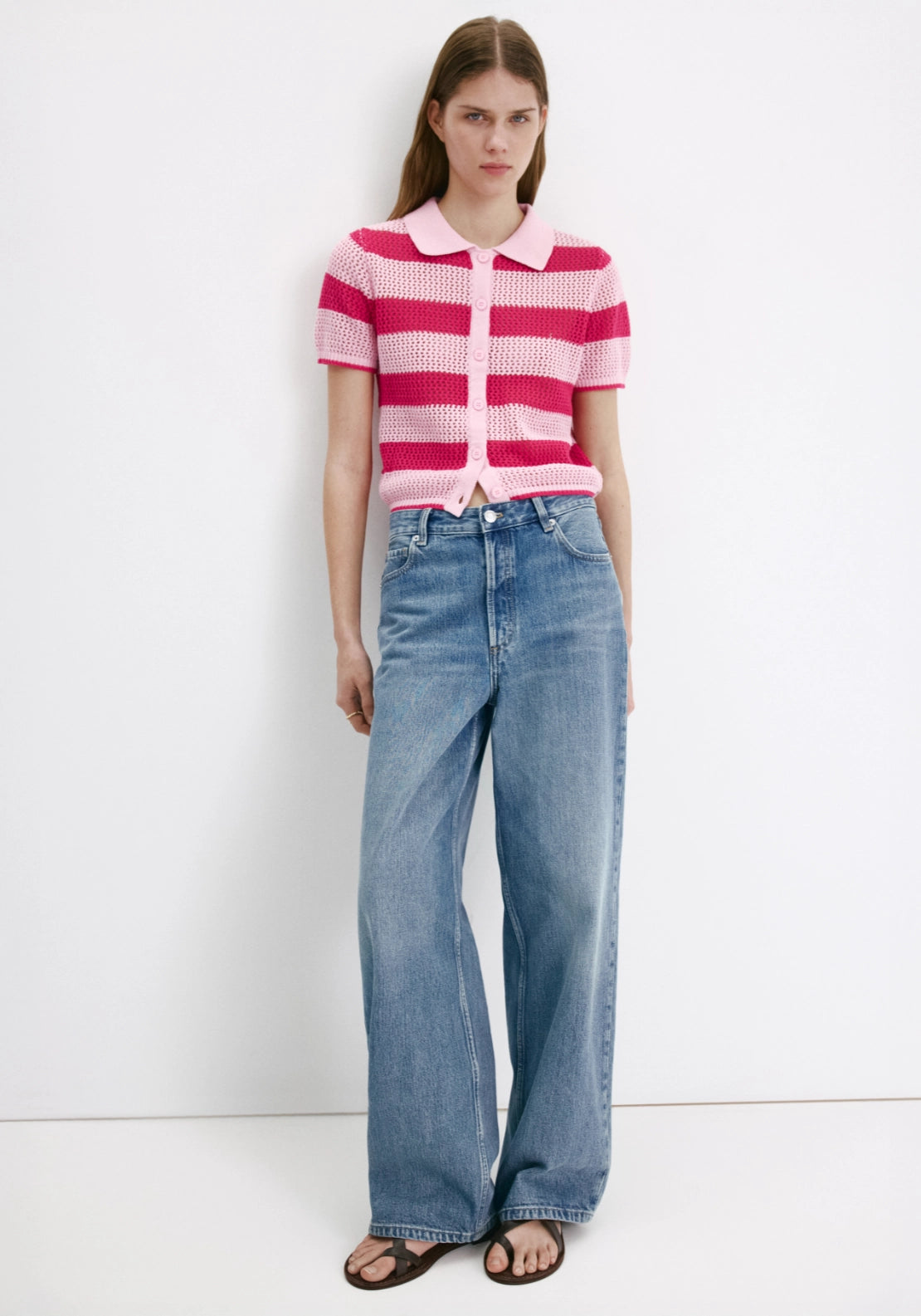 Striped Openwork Knitted Cardigan - Pink