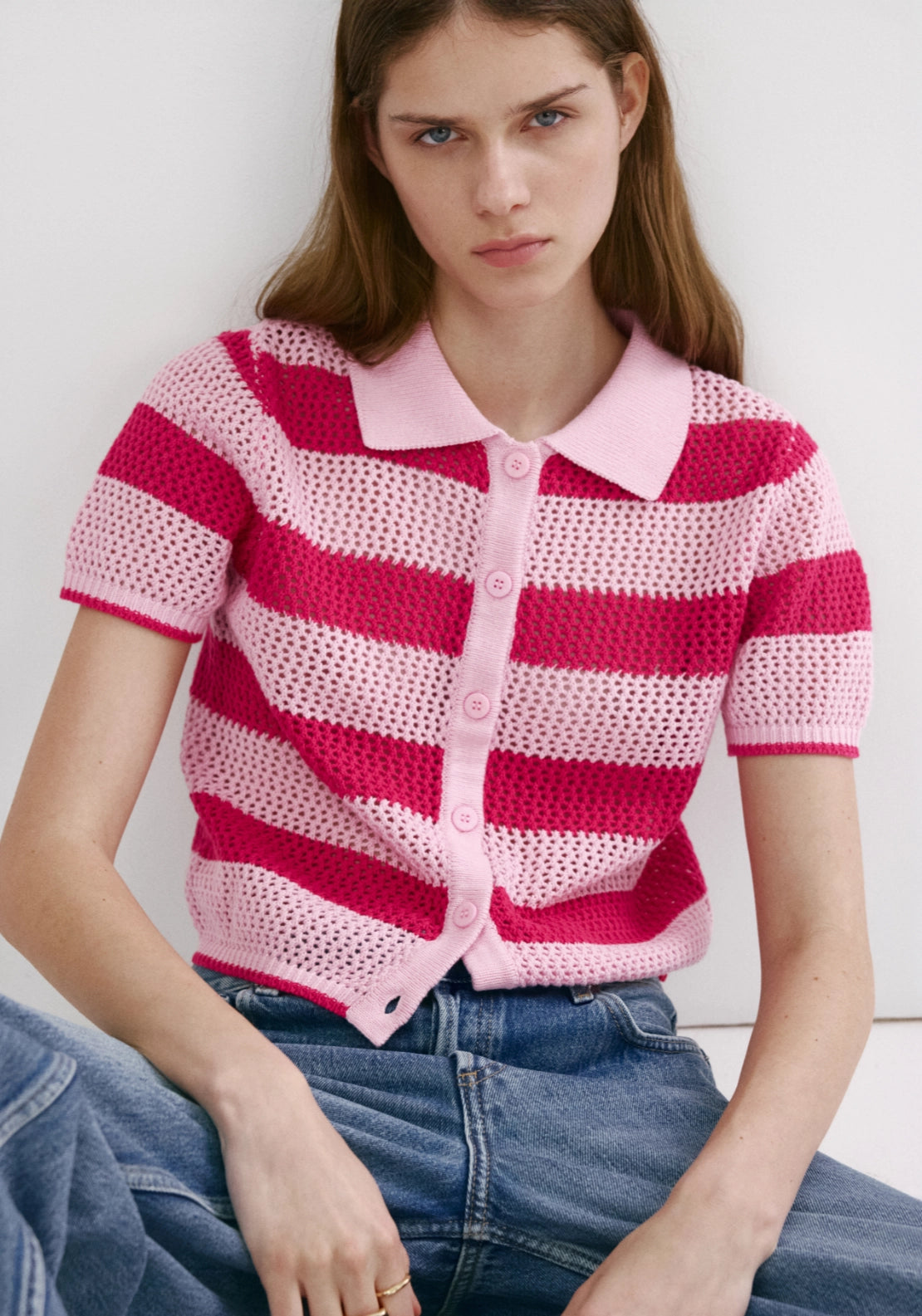 Striped Openwork Knitted Cardigan - Pink