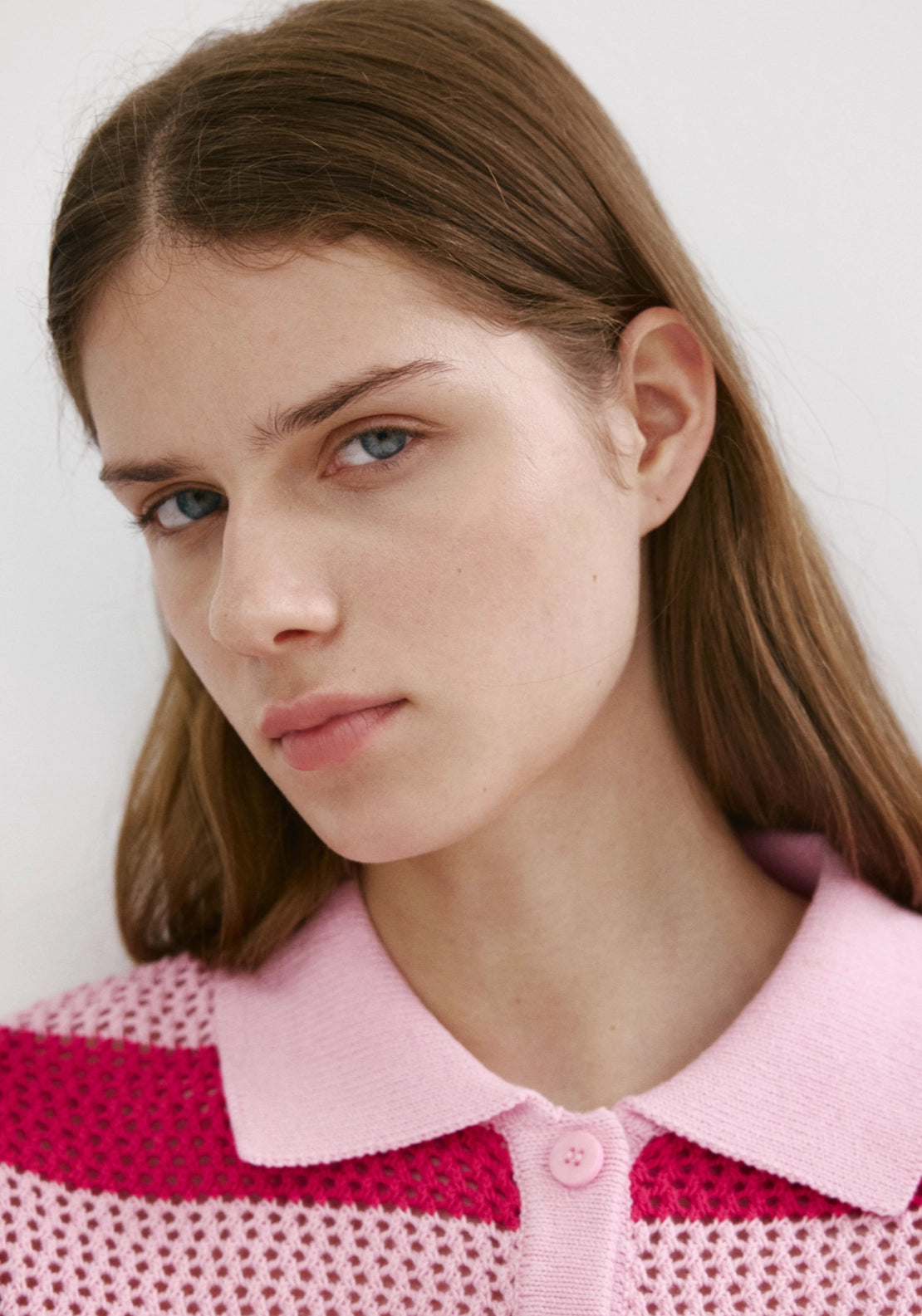 Striped Openwork Knitted Cardigan - Pink