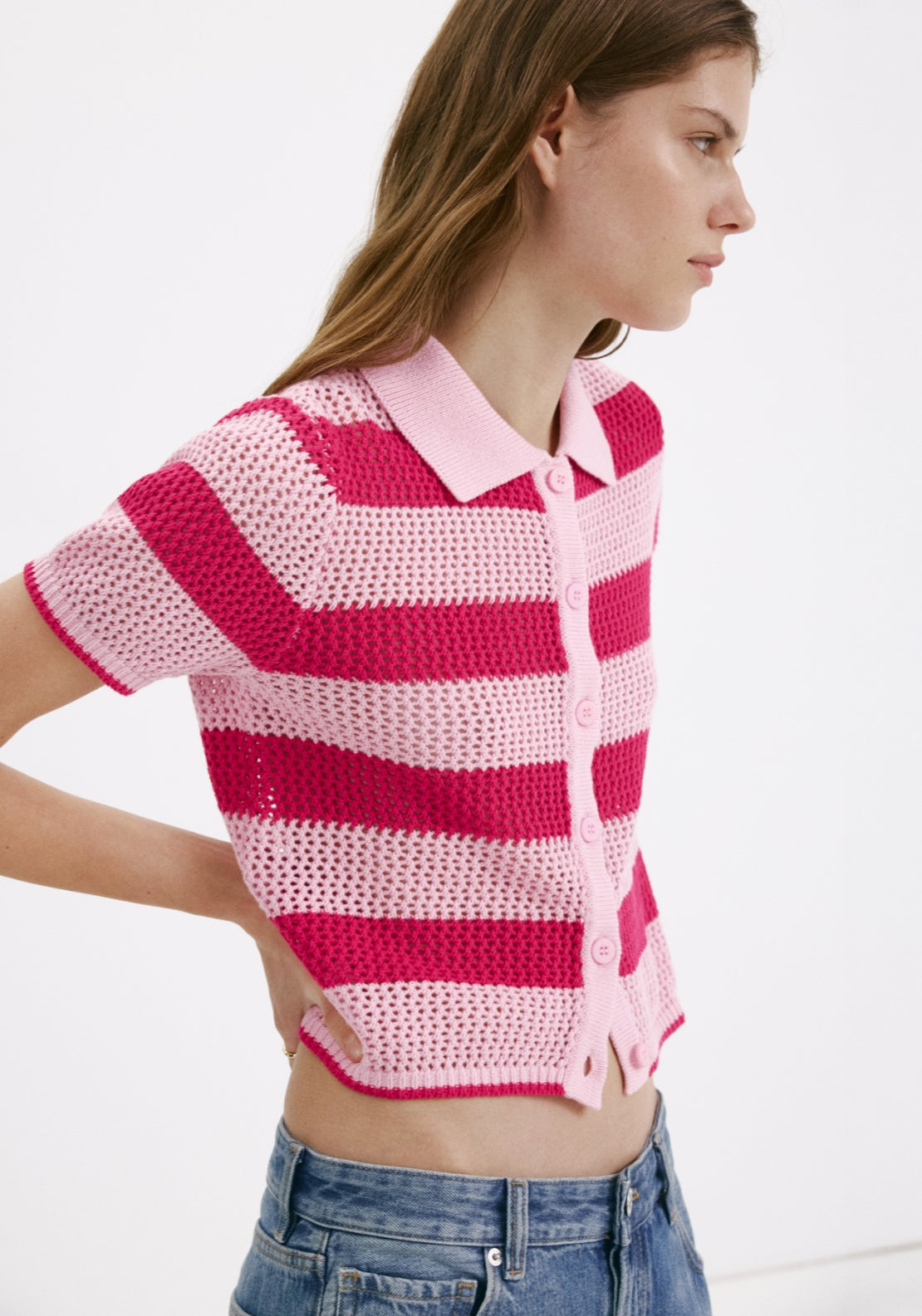 Striped Openwork Knitted Cardigan - Pink
