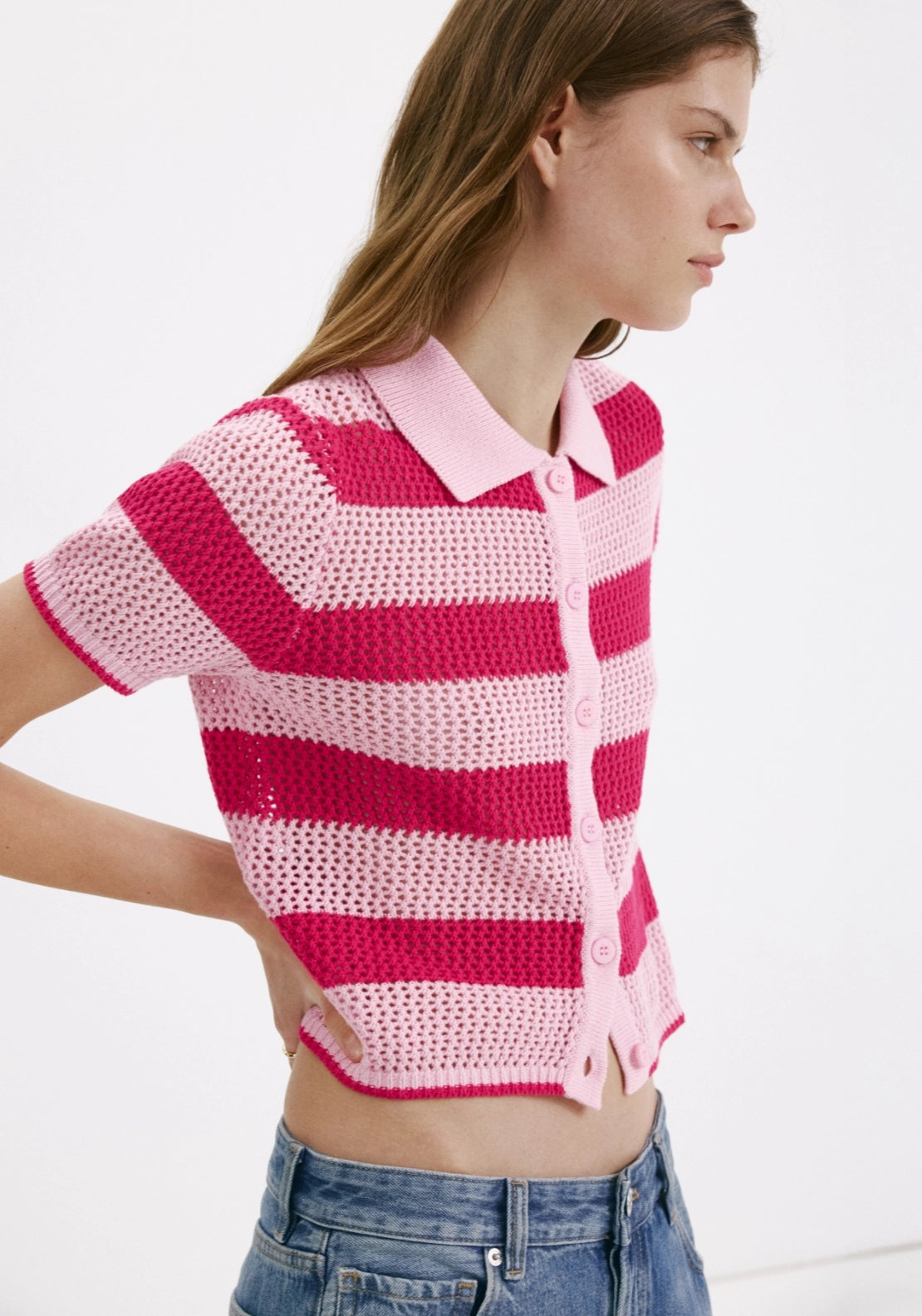 Striped Openwork Knitted Cardigan - Pink