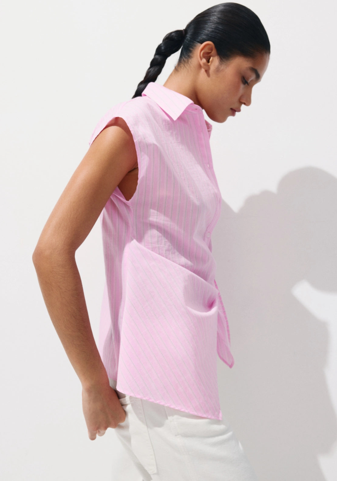 Cotton Striped Tie Shirt - Pink