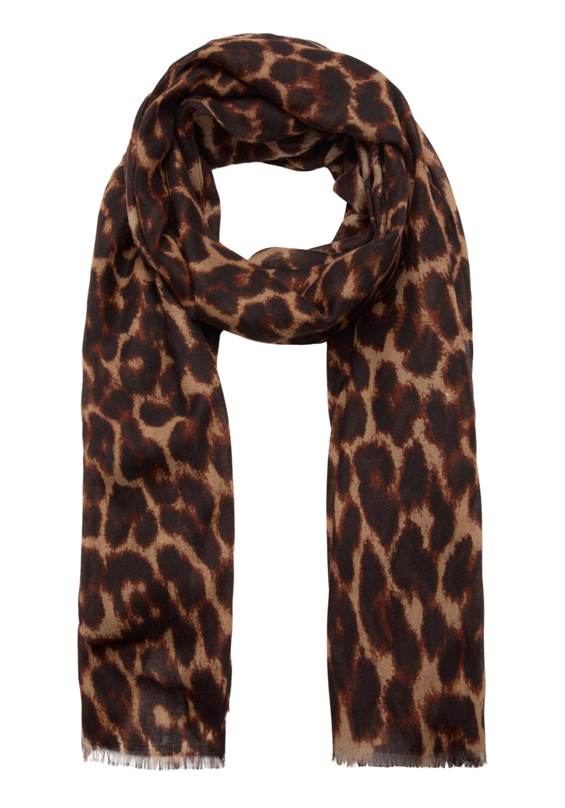 Leopard Print Foulard With Frayed Edges - Brown
