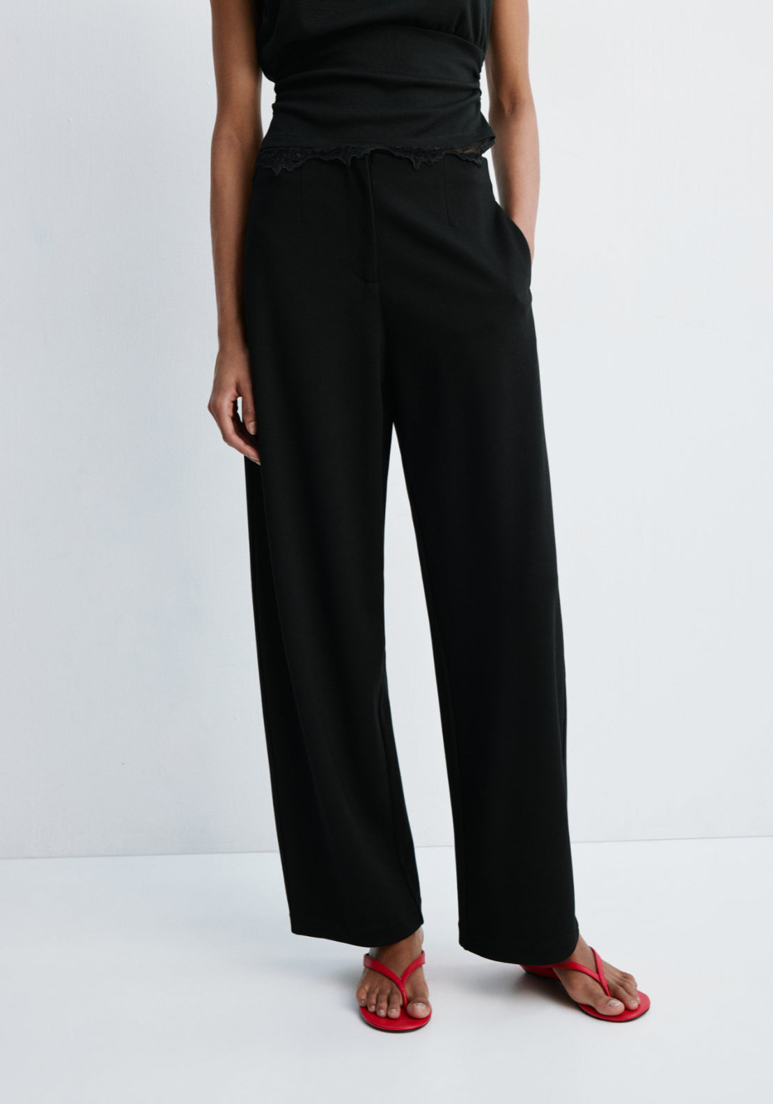 Straight Fine Knit Long Trousers - Black