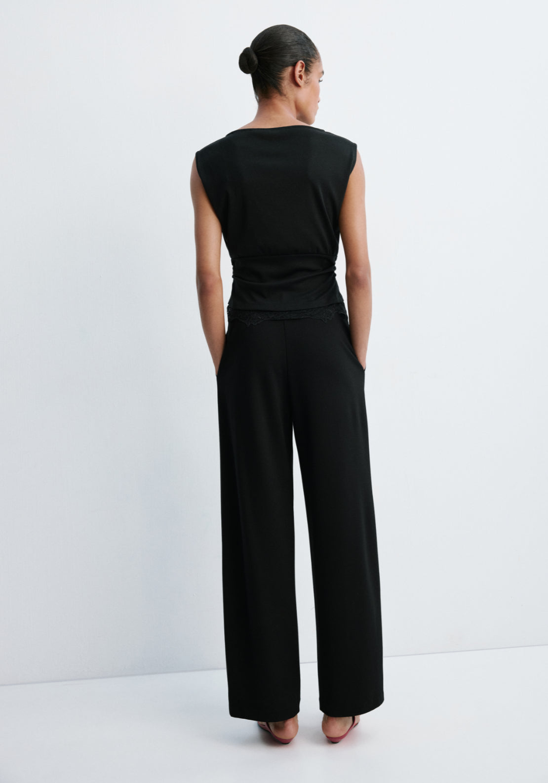 Straight Fine Knit Long Trousers - Black