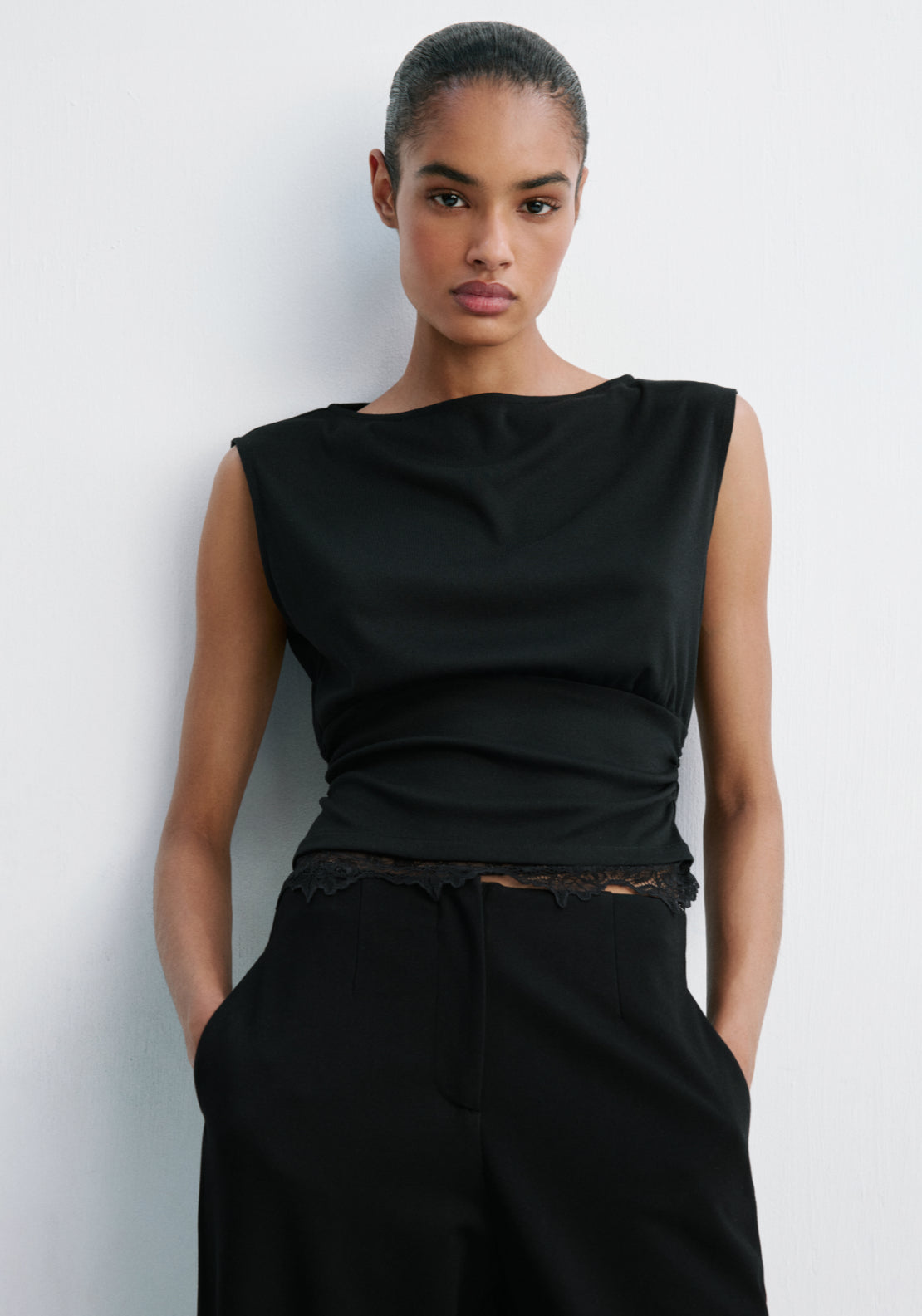 Straight Fine Knit Long Trousers - Black