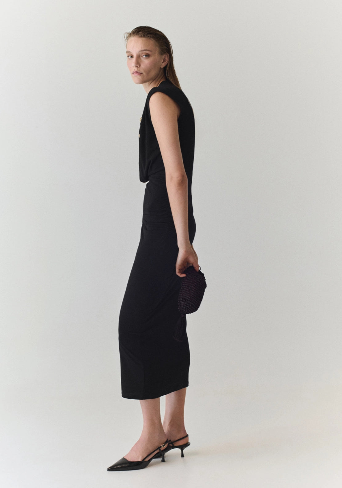 Draped Midi Dress - Black