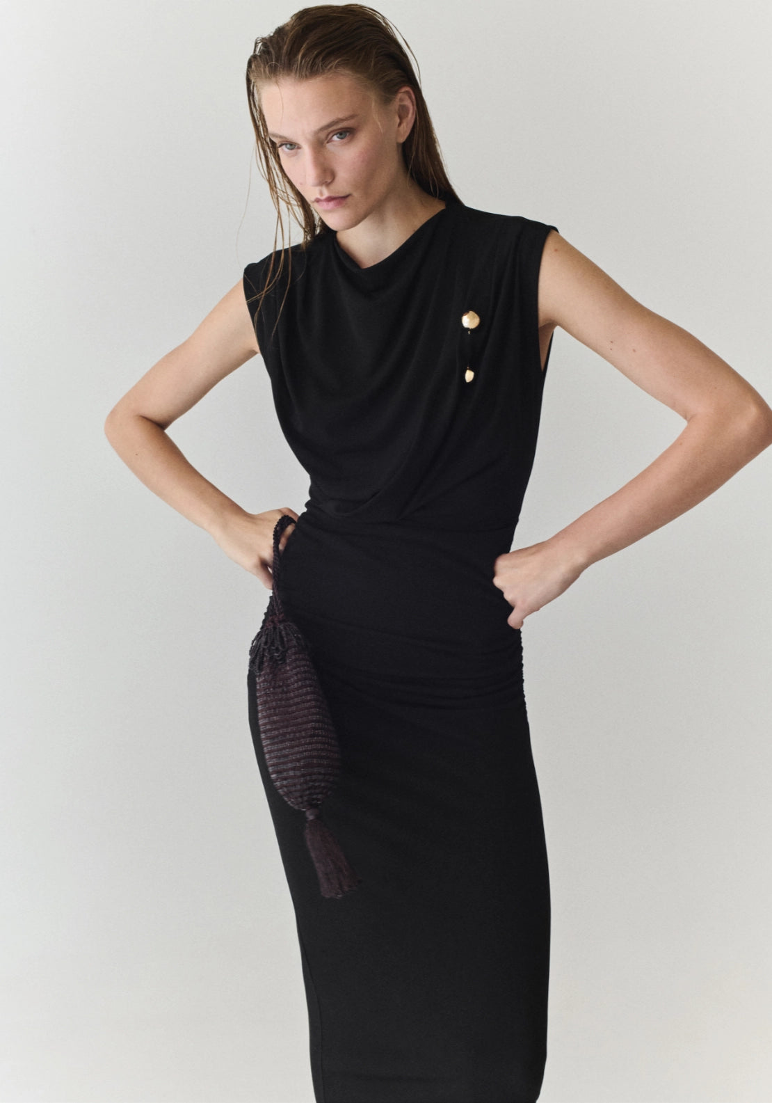 Draped Midi Dress - Black
