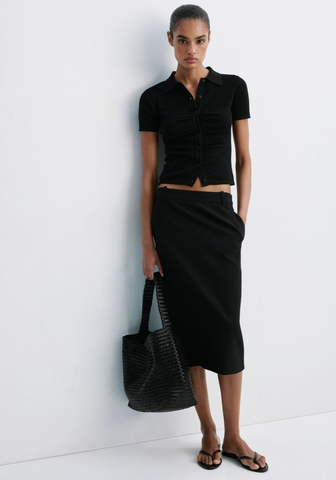 Ribbed Polo Neck Cardigan - Black
