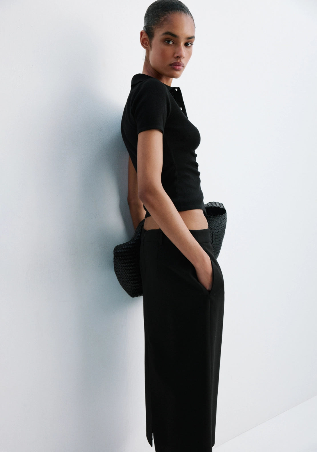 Ribbed Polo Neck Cardigan - Black