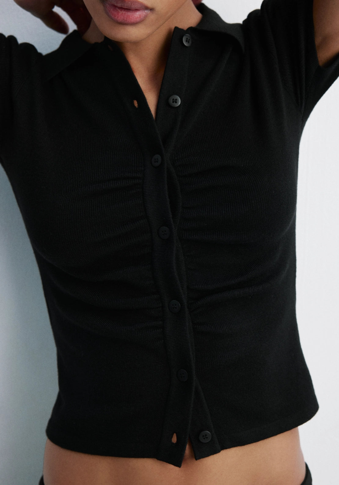 Ribbed Polo Neck Cardigan - Black