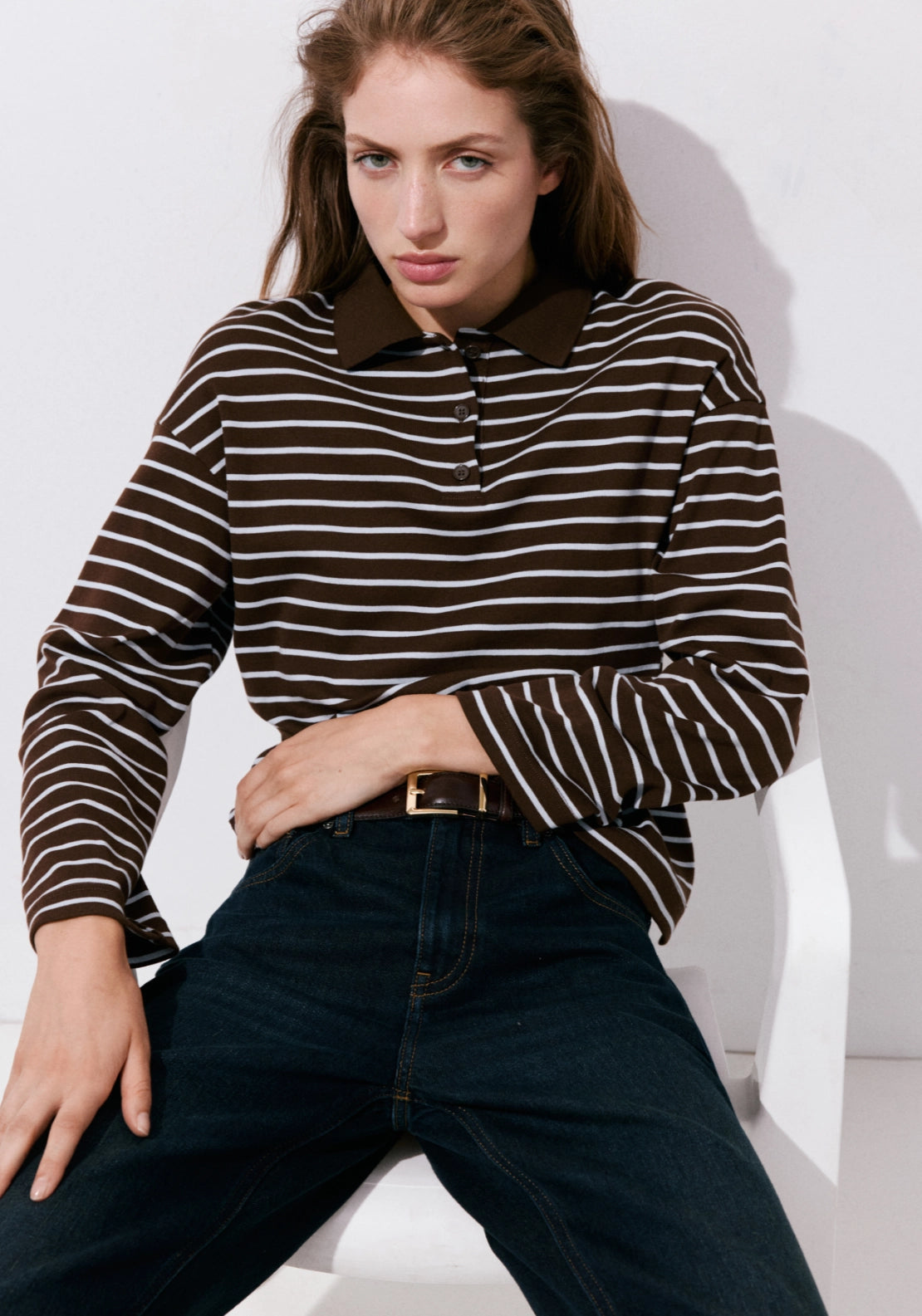 Contrasting Stripes Cotton Polo Shirt - Brown