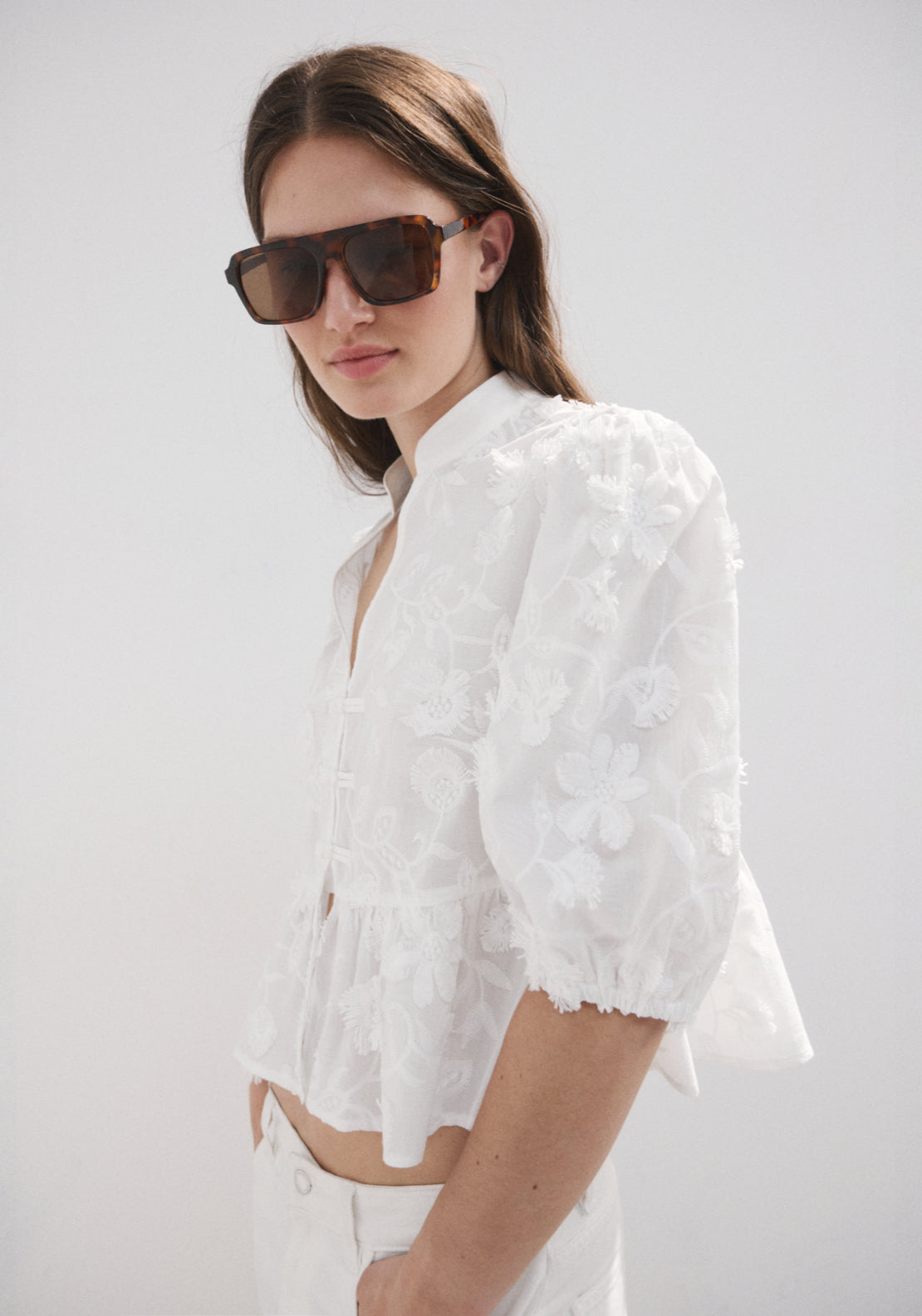 Embroidered Puff Sleeve Blouse - White