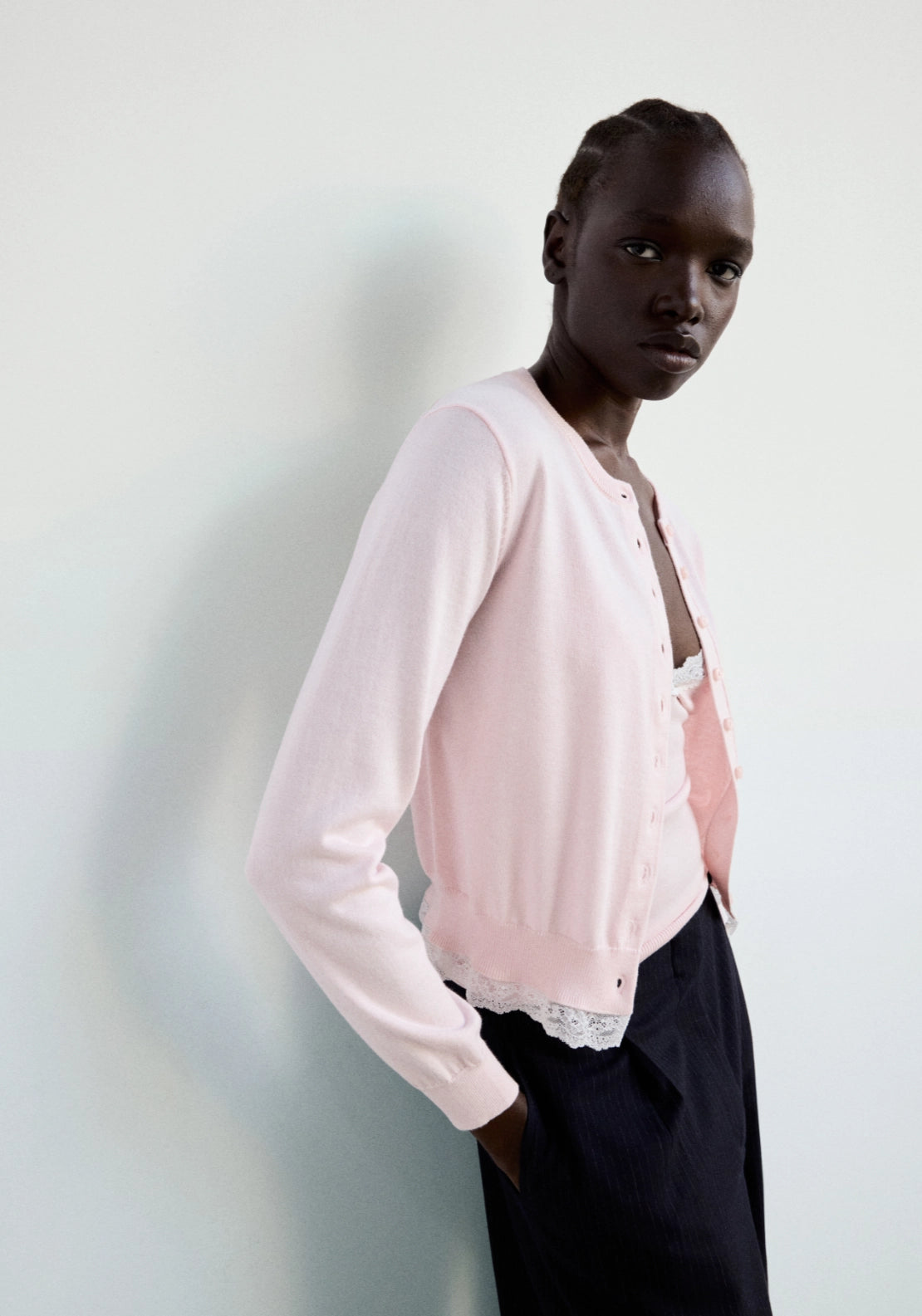Lace Detail Knit Cardigan - Pink