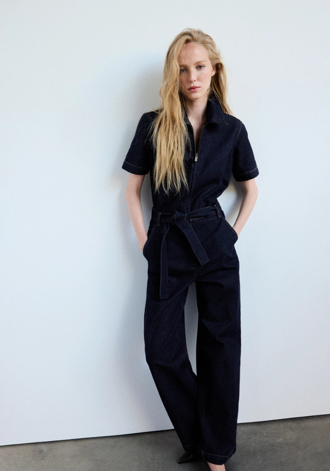Denim Jumpsuit With Belt - Denim Blue