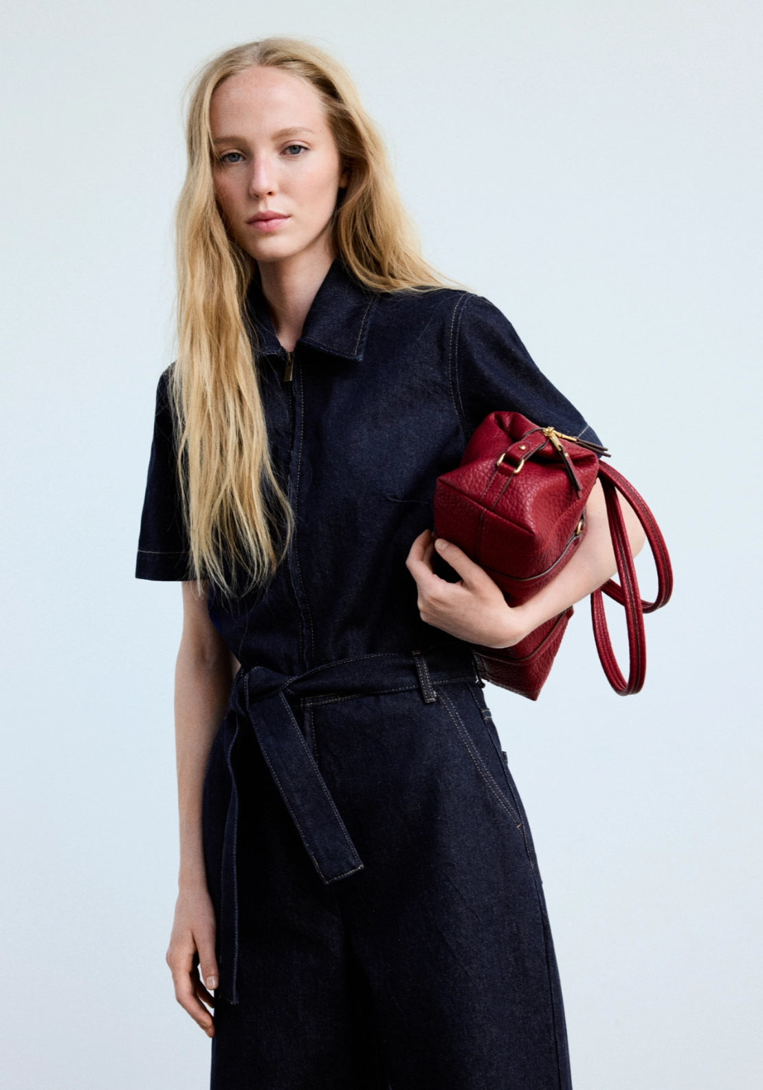 Denim Jumpsuit With Belt - Denim Blue