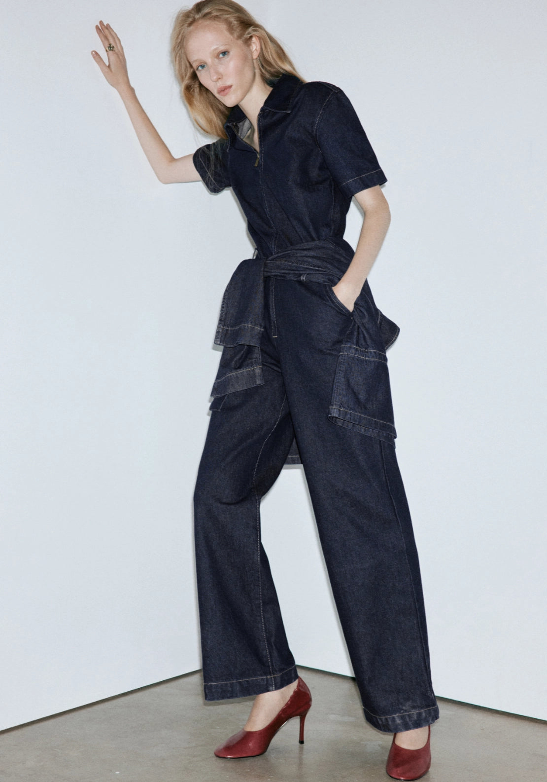 Denim Jumpsuit With Belt - Denim Blue
