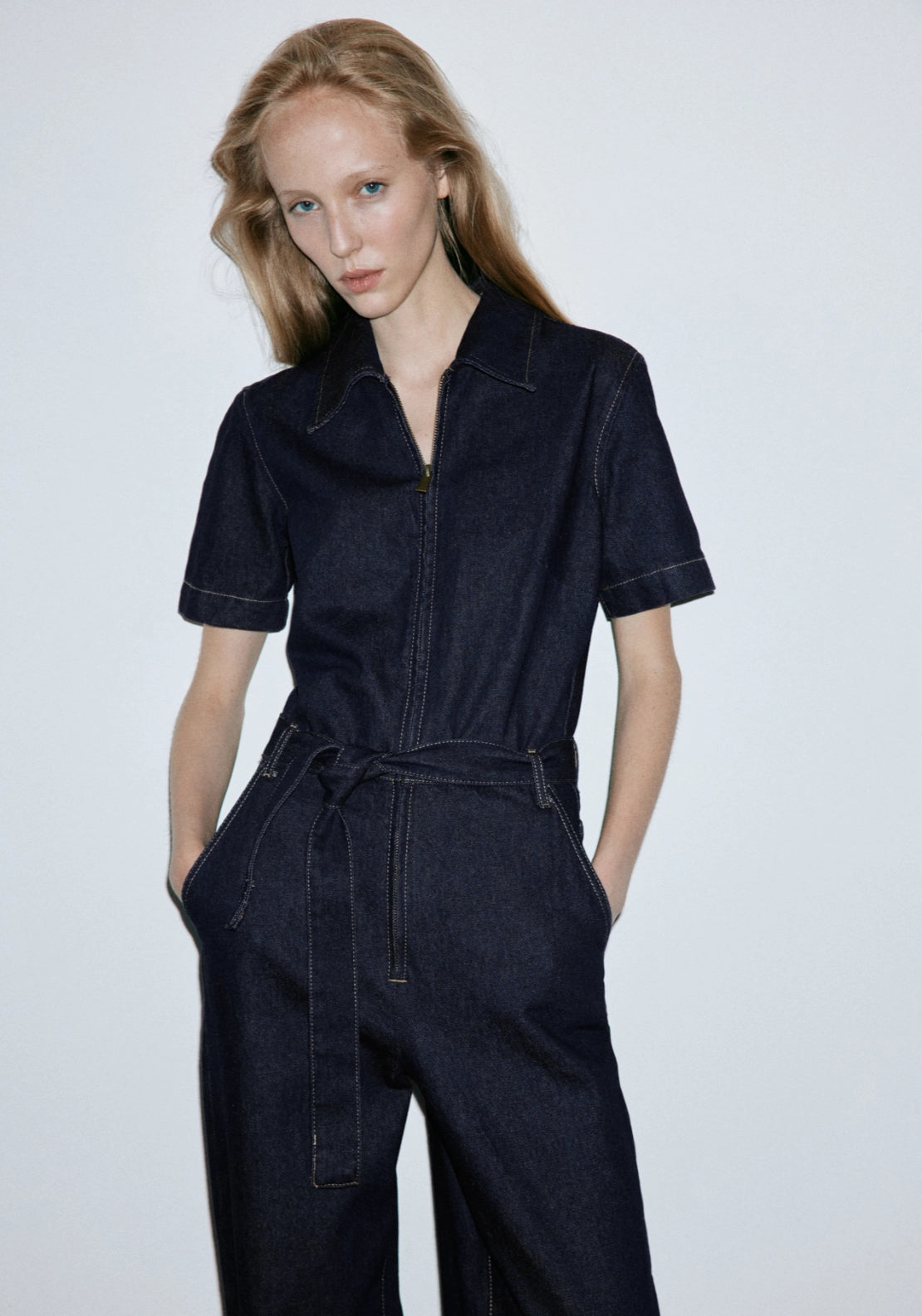 Denim Jumpsuit With Belt - Denim Blue