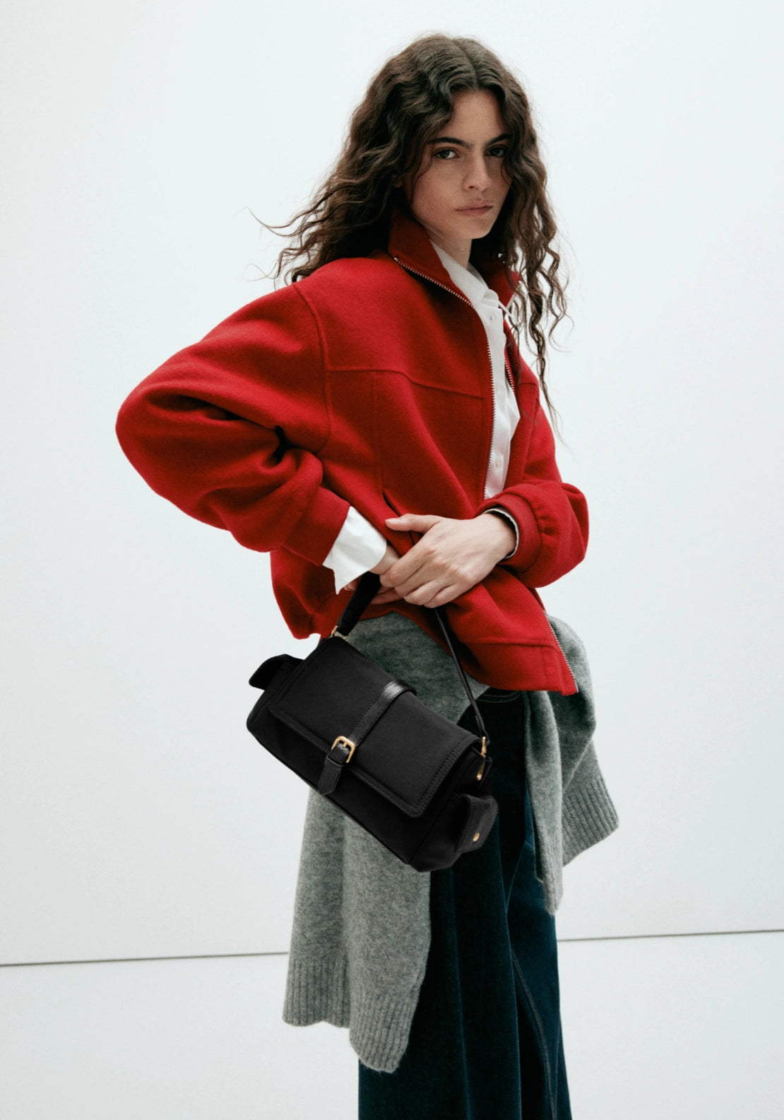 Buckle Pocket Shoulder Bag - Black