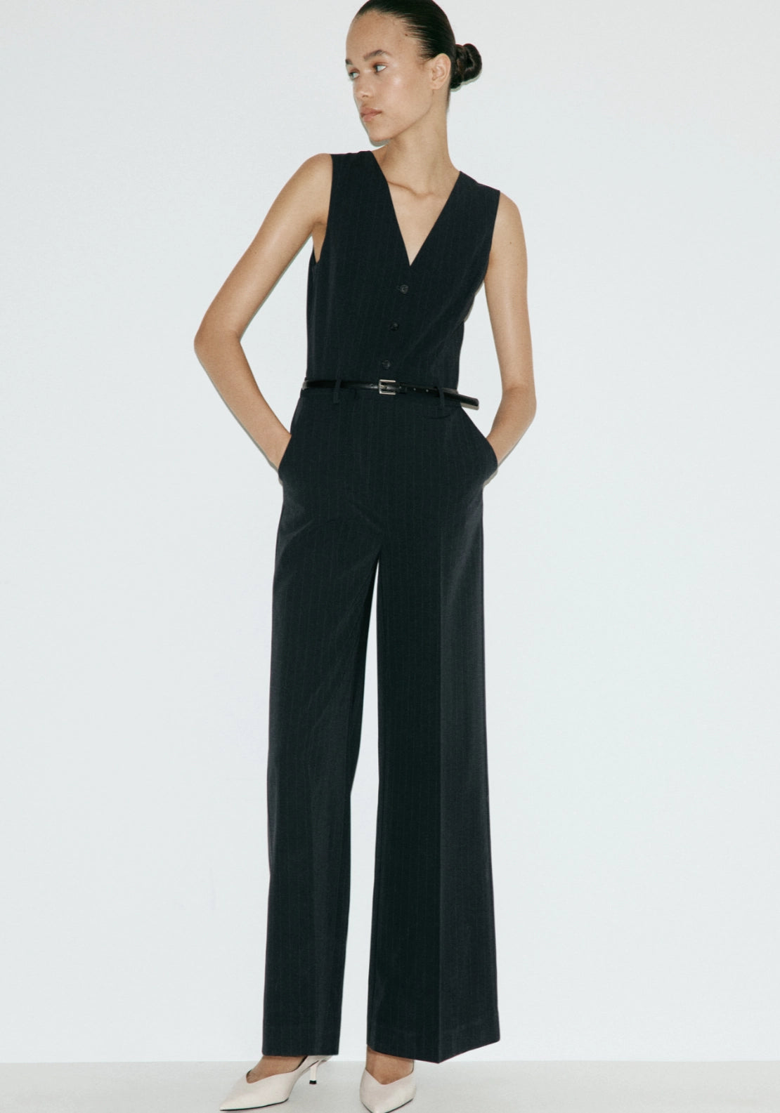 Pinstriped Belted Jumpsuit - Blue
