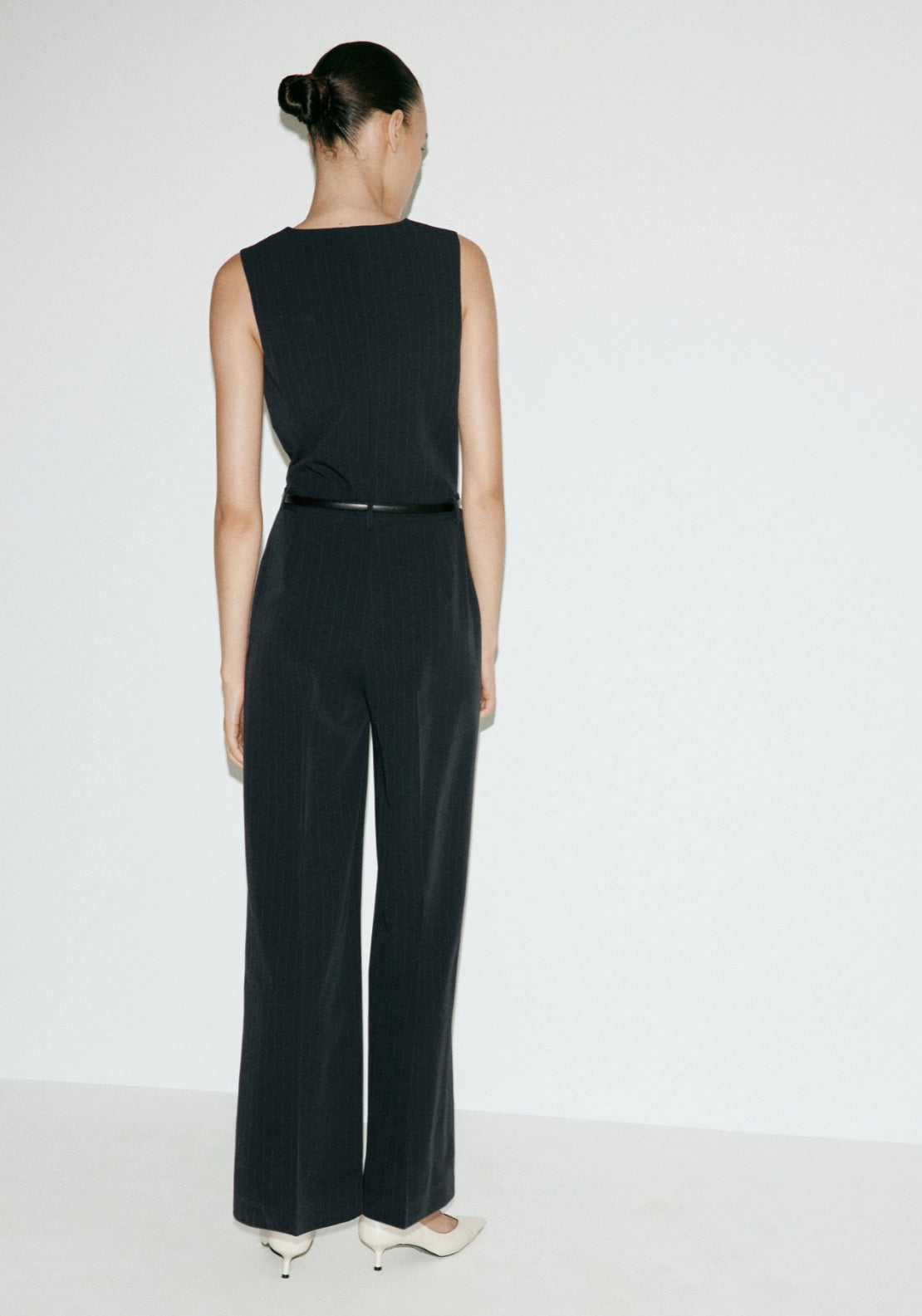 Pinstriped Belted Jumpsuit - Blue