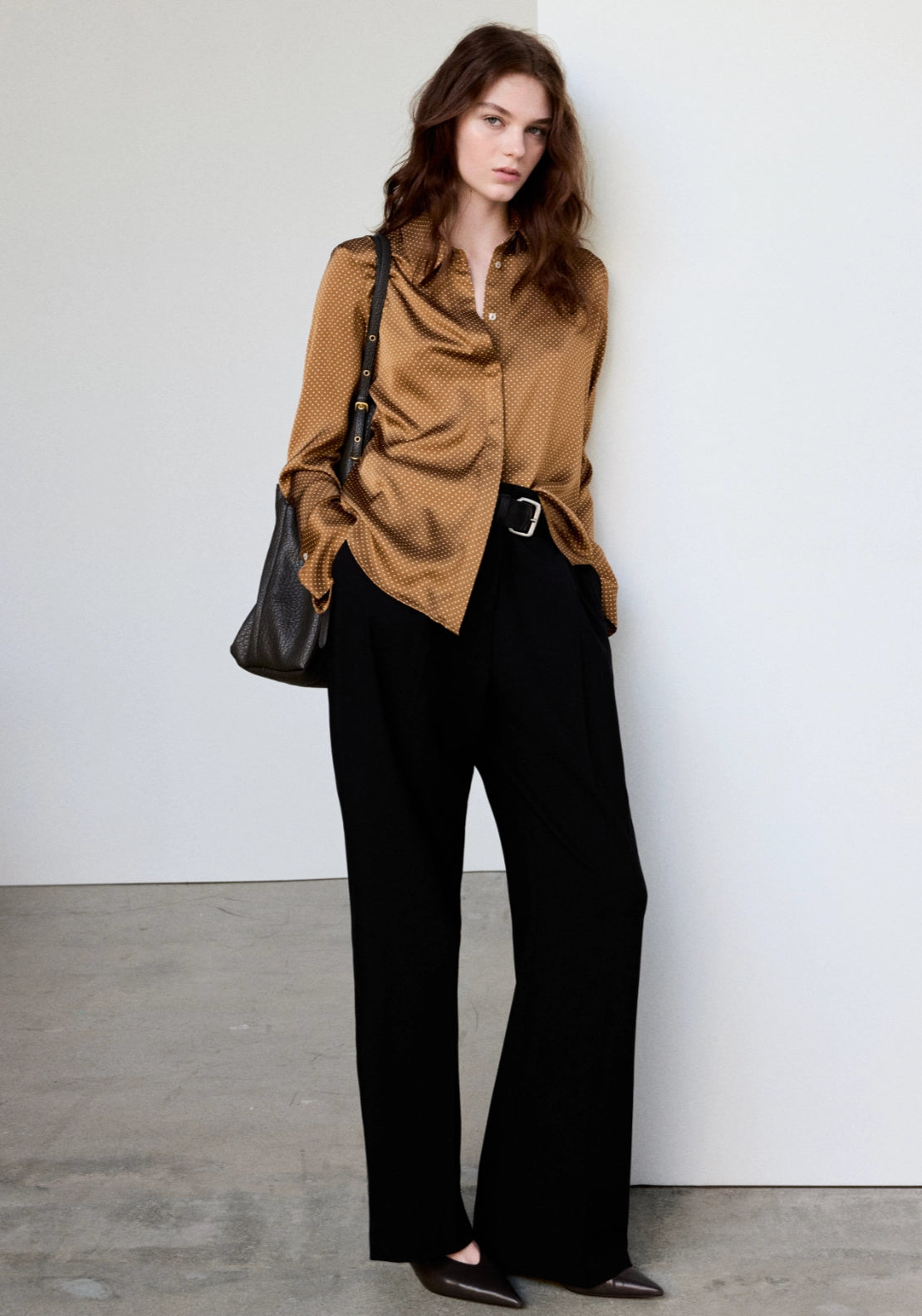 Polka Dot Satin Finish Shirt - Brown