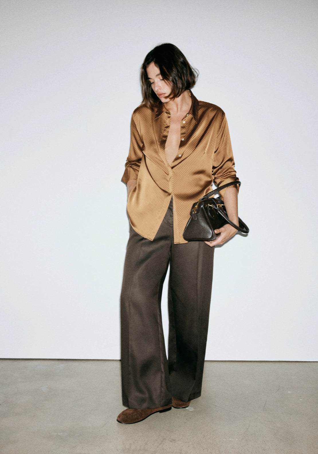Polka Dot Satin Finish Shirt - Brown