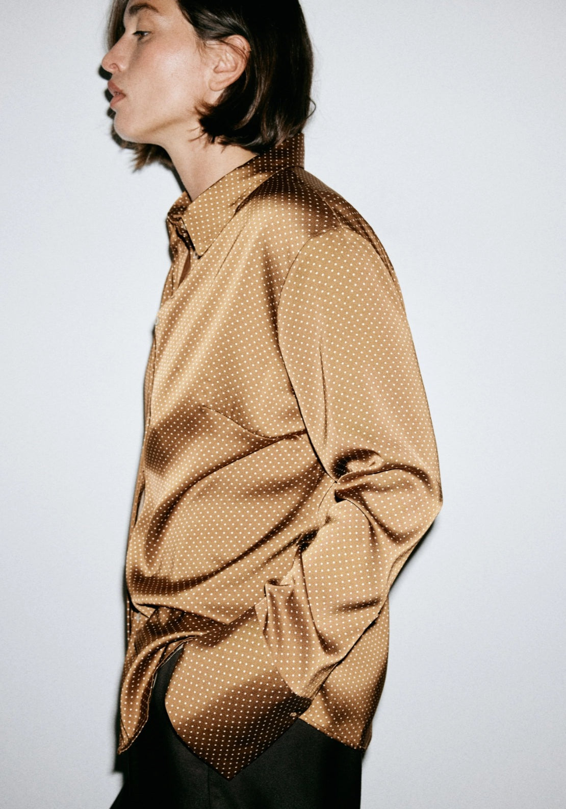 Polka Dot Satin Finish Shirt - Brown