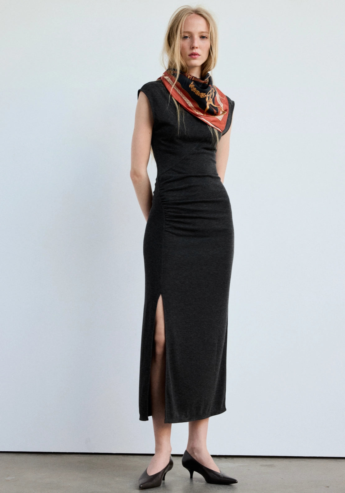 Side Ruched Knit Dress - Grey