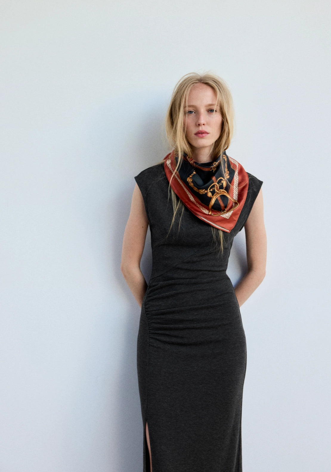 Side Ruched Knit Dress - Grey