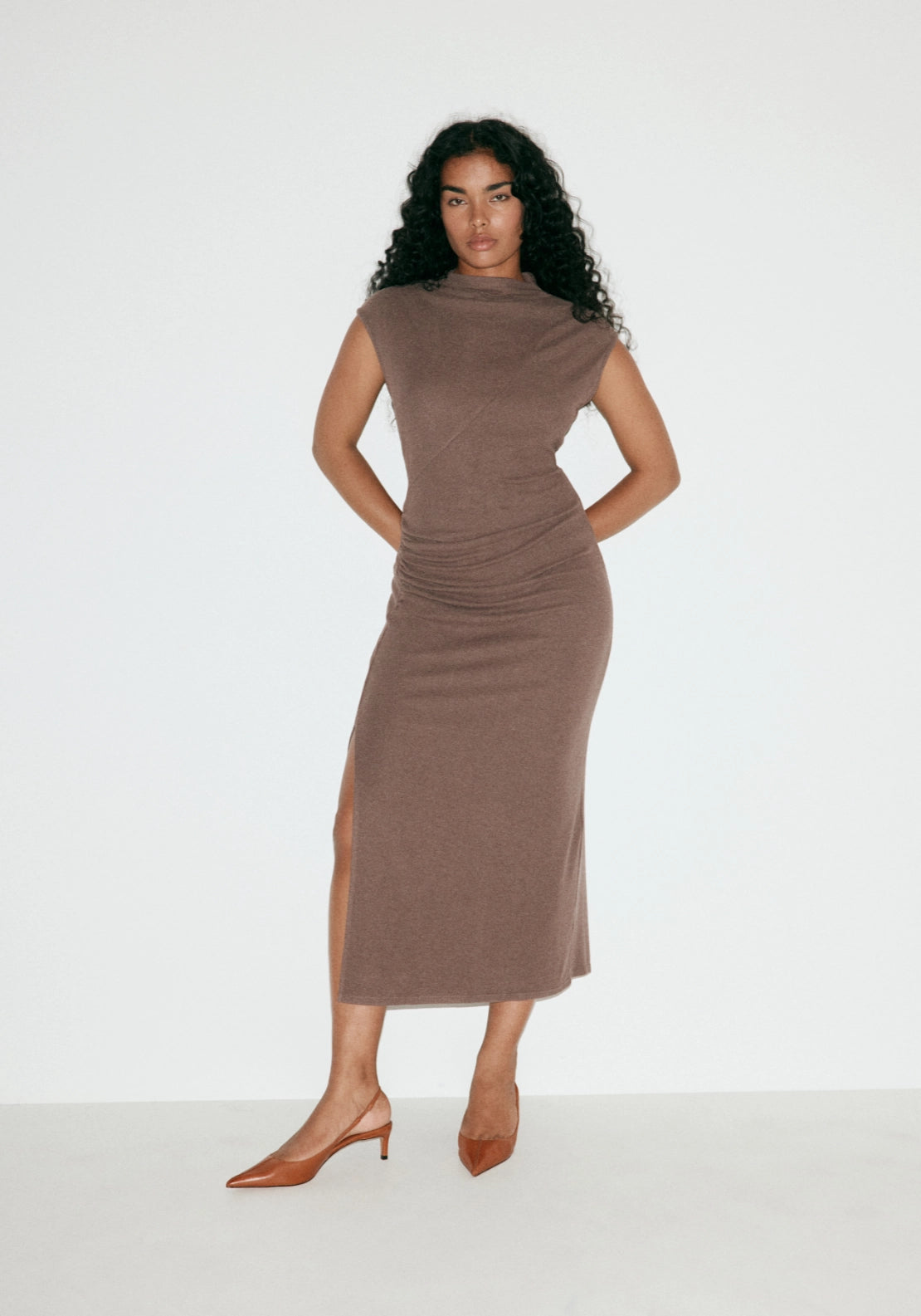 Side Ruched Knit Dress - Brown