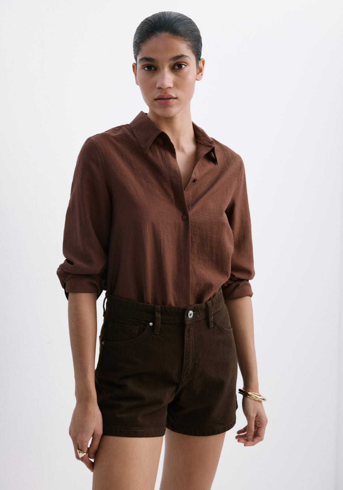 Straight-Fit Denim Shorts - Brown