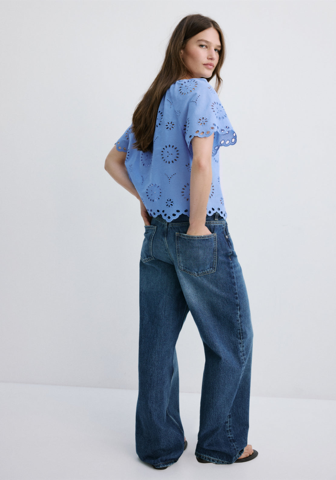 100% Cotton Blouse With Broderie Anglaise Embroidery - Blue