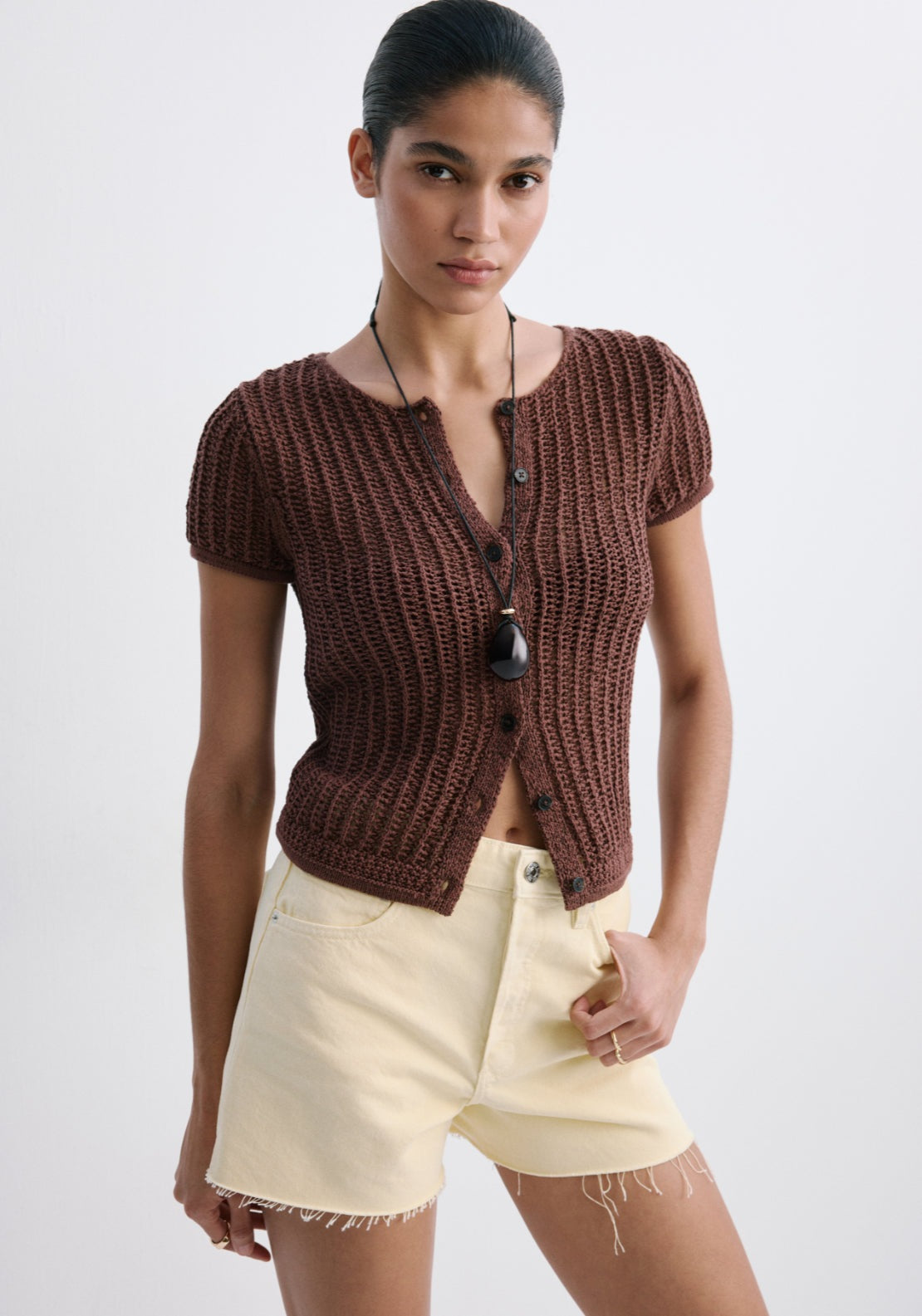 Denim Shorts With Frayed Hem - Yellow