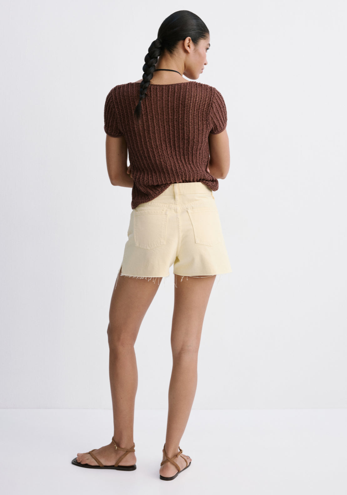 Denim Shorts With Frayed Hem - Yellow