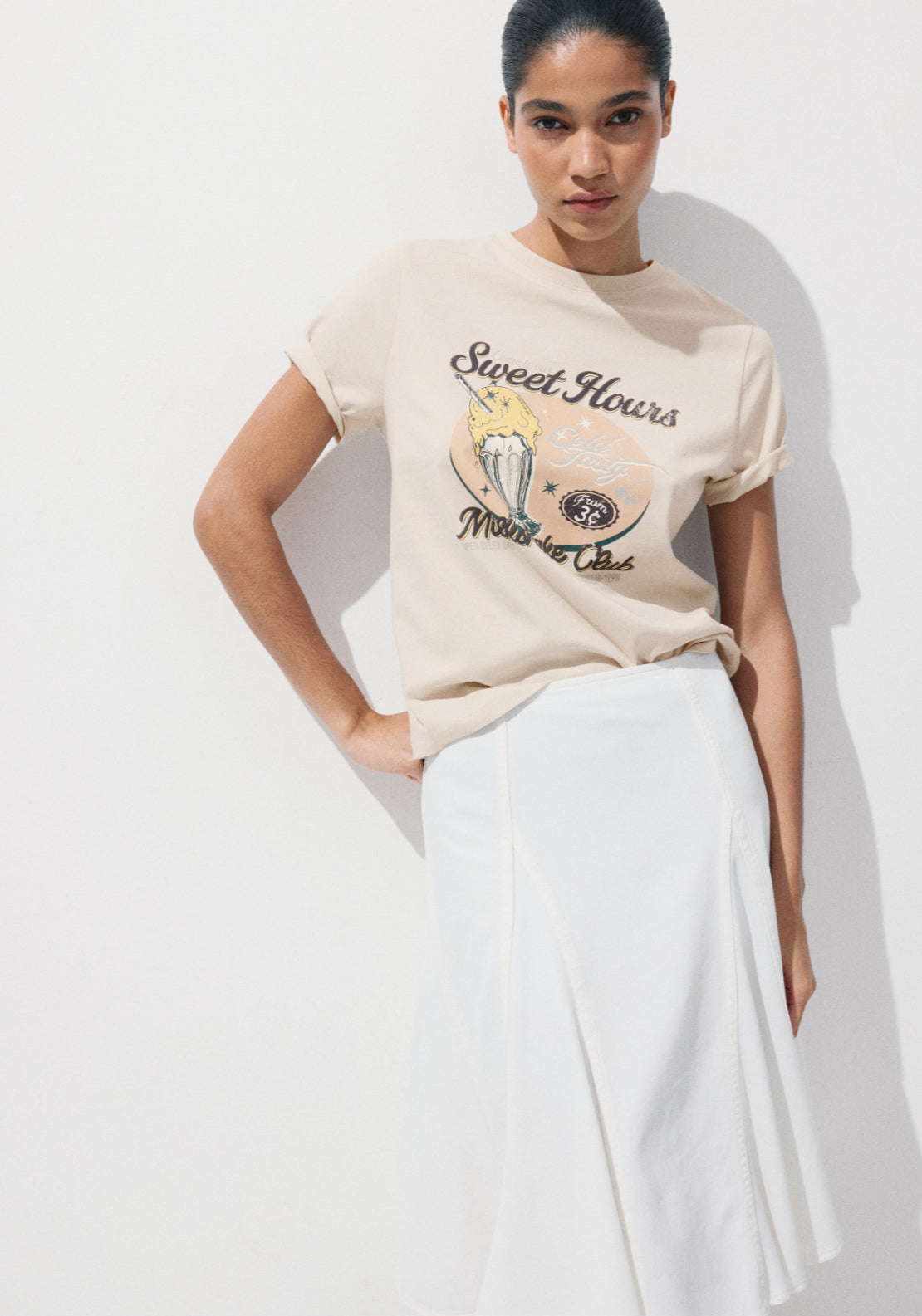 Printed Cotton Blend T-Shirt - Beige