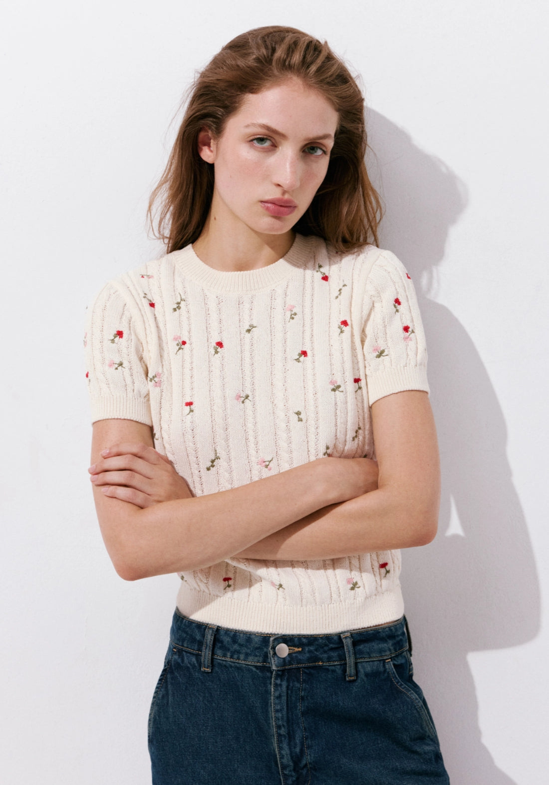 Ribbed Jersey With Floral Embroidery - Cream