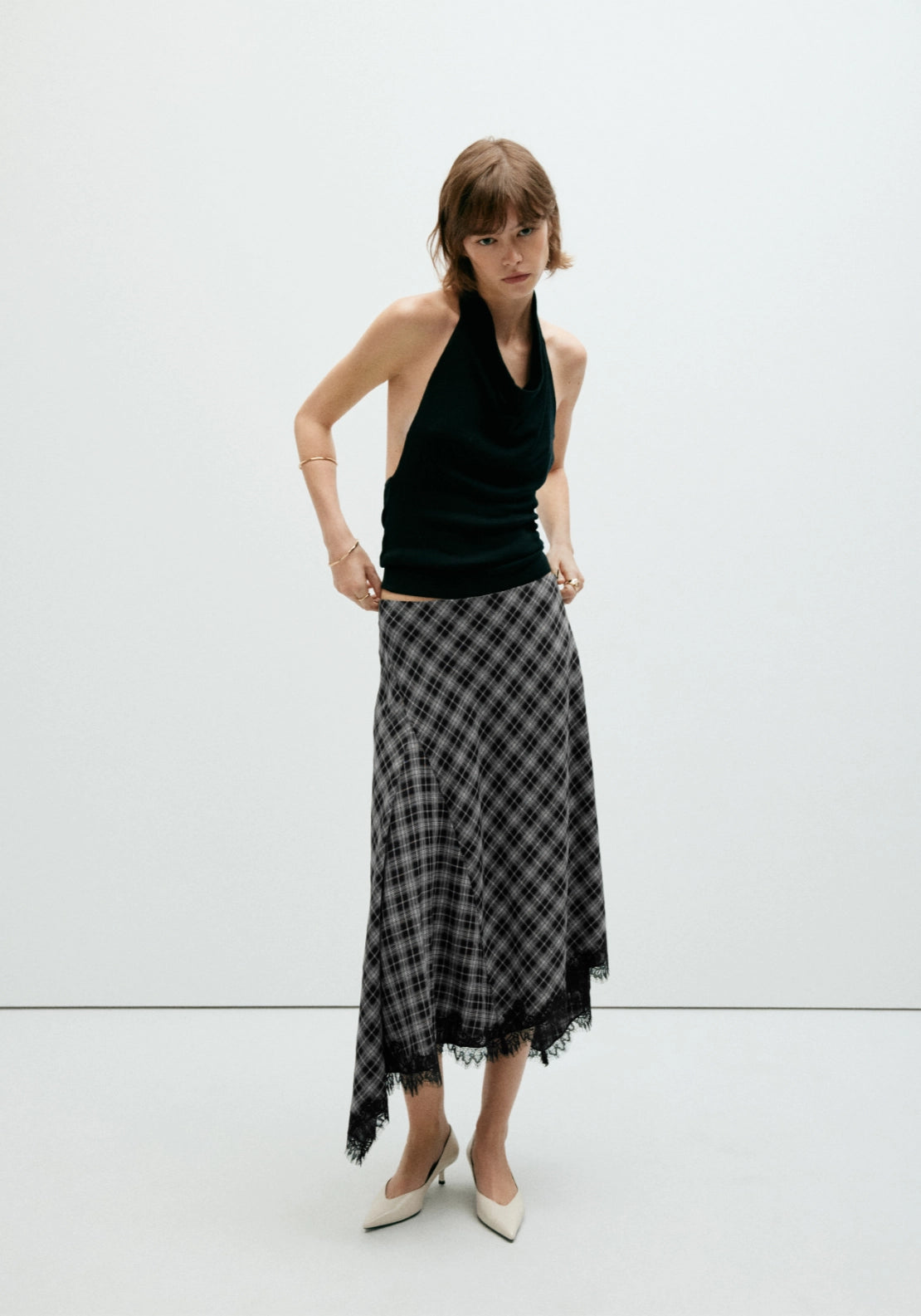 Flowy Checked Midi Skirt - Black