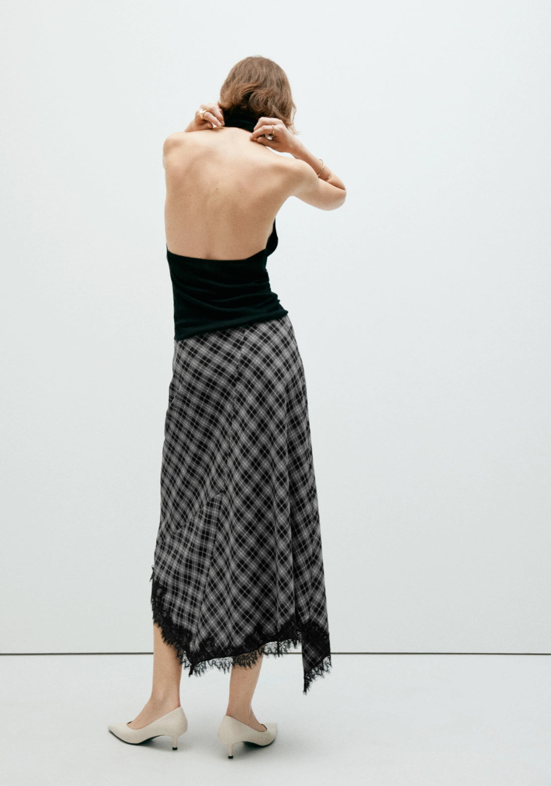 Flowy Checked Midi Skirt - Black
