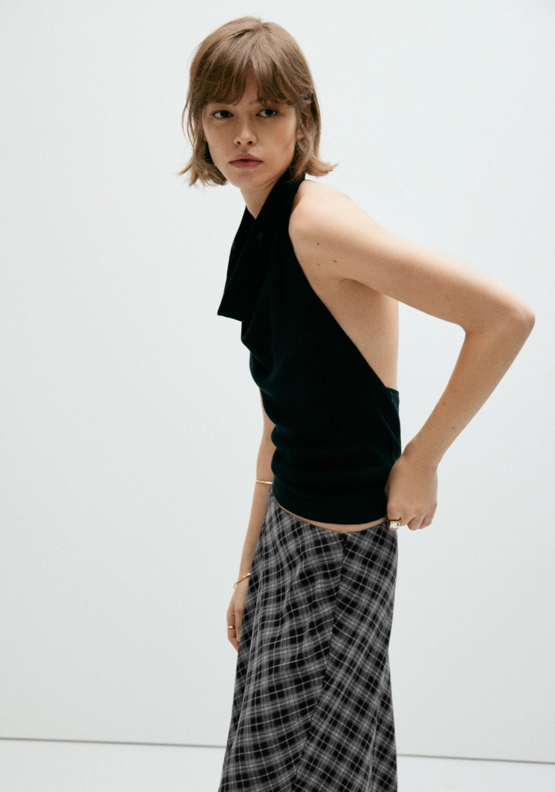 Flowy Checked Midi Skirt - Black